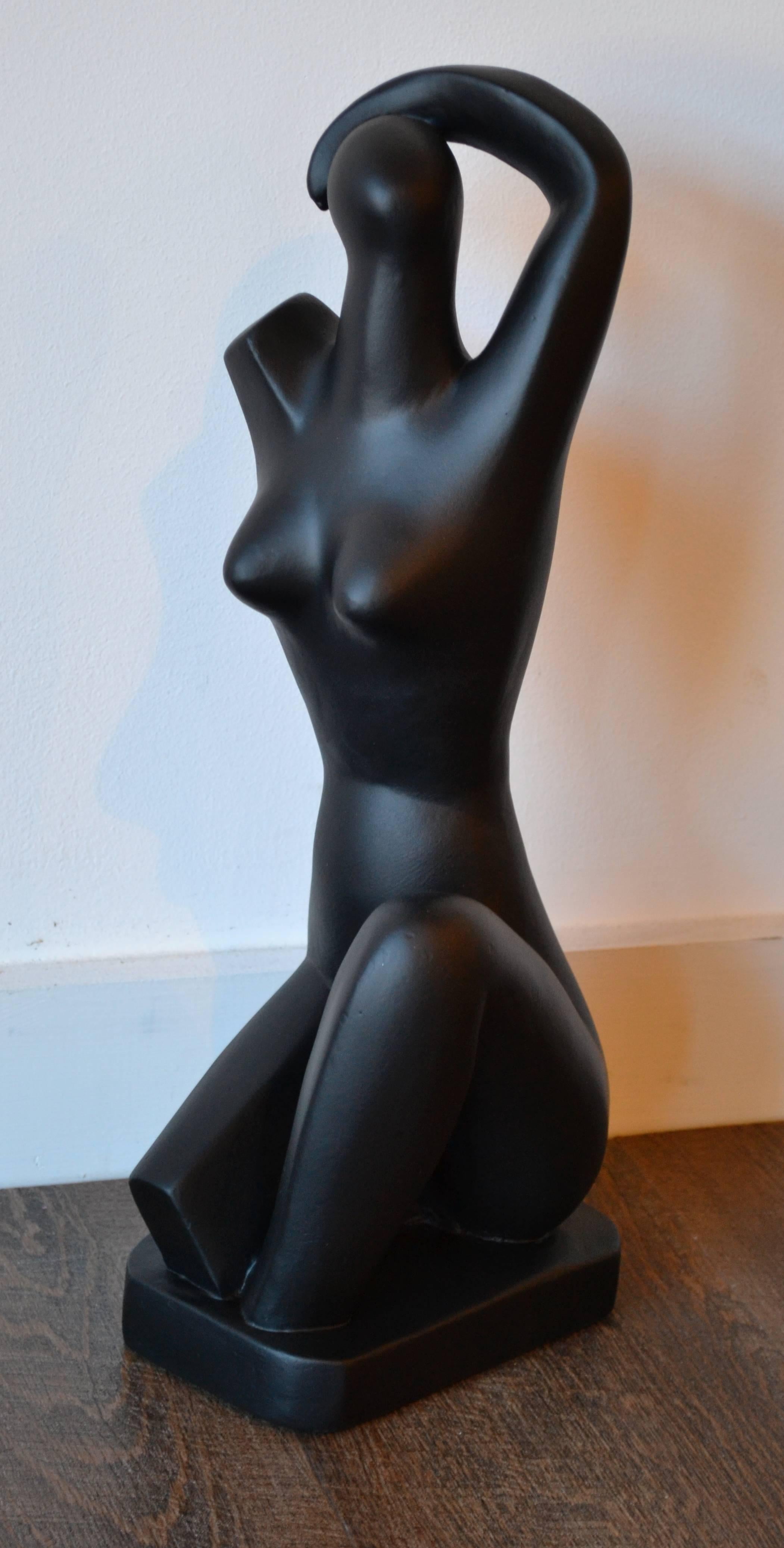 Mid-Century Modern nude female sculpture made of plaster, black matte, 1970, mint. Beautiful shape and matte black finish. Great size at 18 inches. Signed.