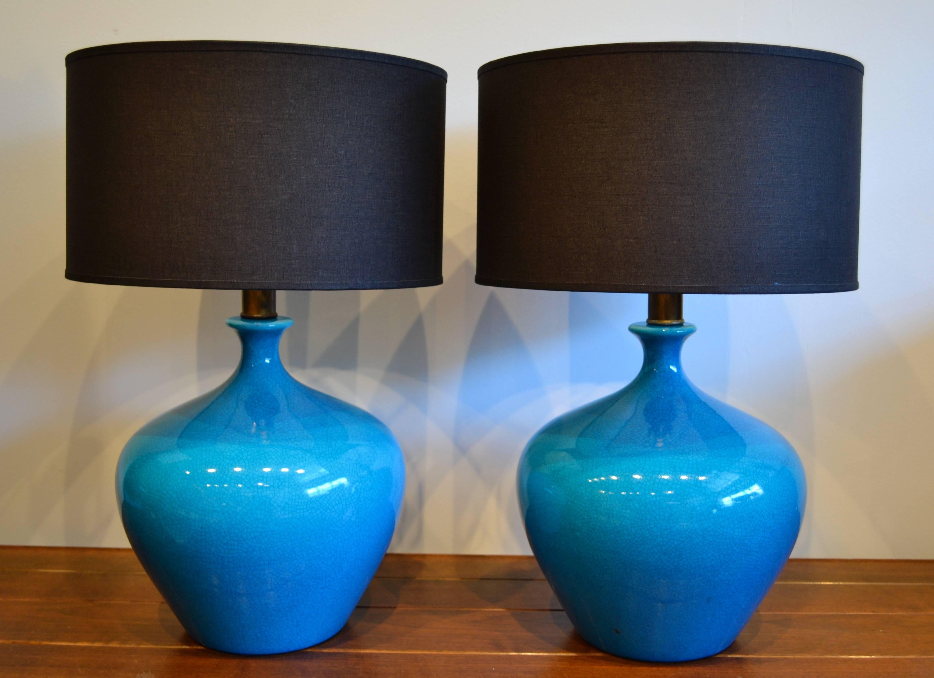Mid-Century Modern Exceptional Pair of Blue Ceramic Crackle Glaze Table Lamps, 1950s