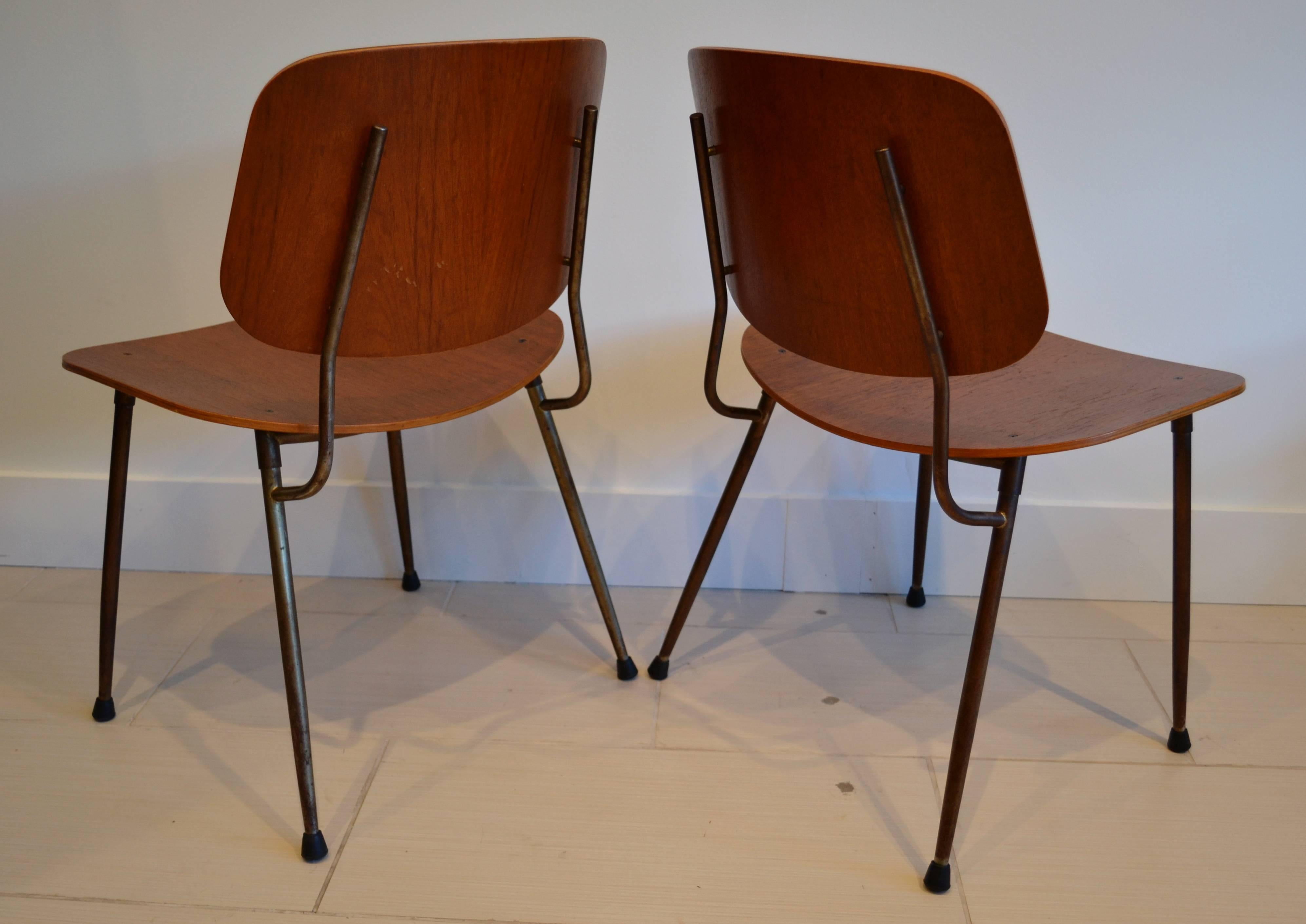 Mid-Century Modern Pair of Børge Mogensen Teak on Steel Frame Side Chairs, Denmark, 1950's