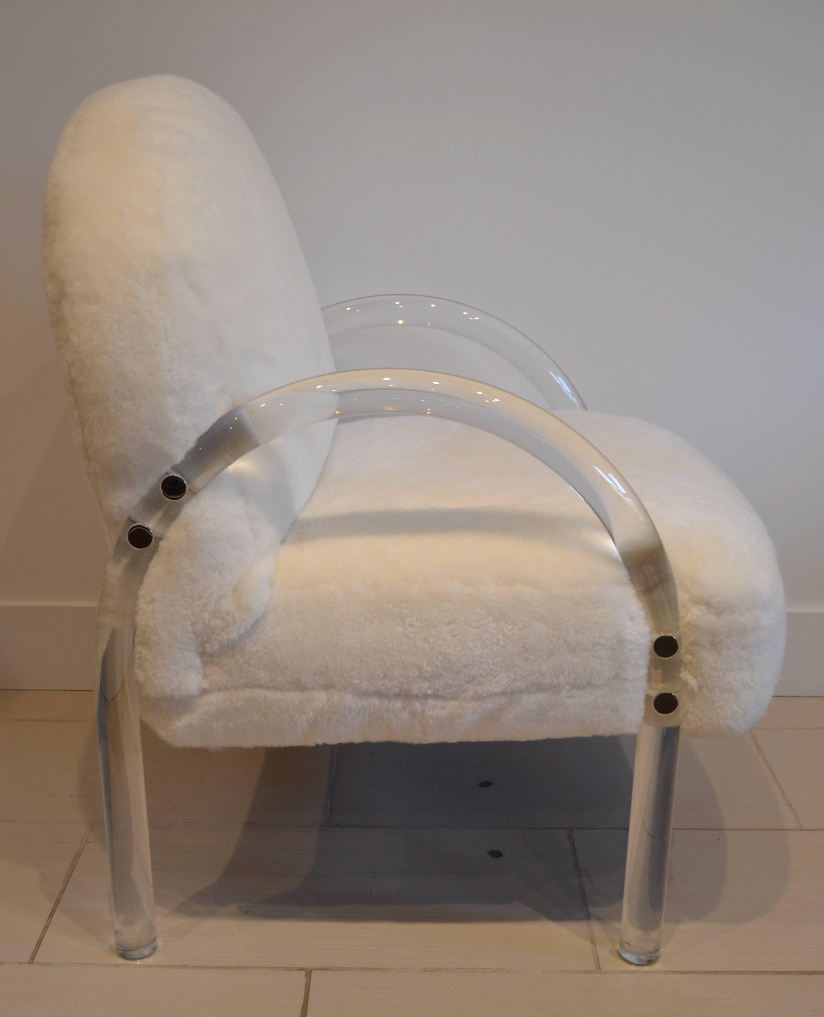 Tubular Lucite frame side chair with new white shearling skin, pace collection, 1970s.