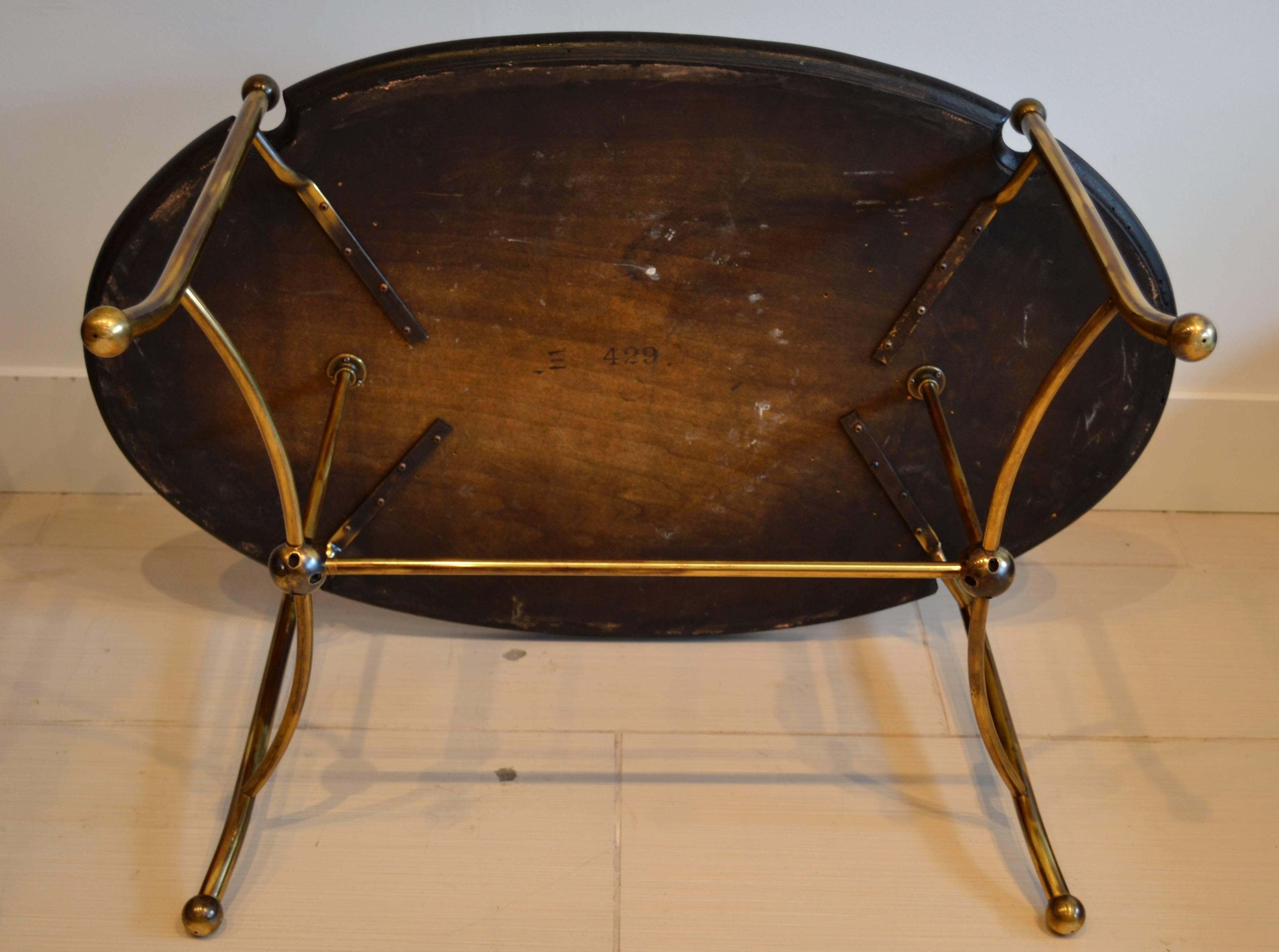 American Oval Parquet Top and Brass Base Coffee Table in the Style of Bernard Rohne