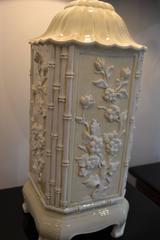Pair of Ceramic Asian Bamboo and Floral Motif Cream and White Table Lamps, Italy