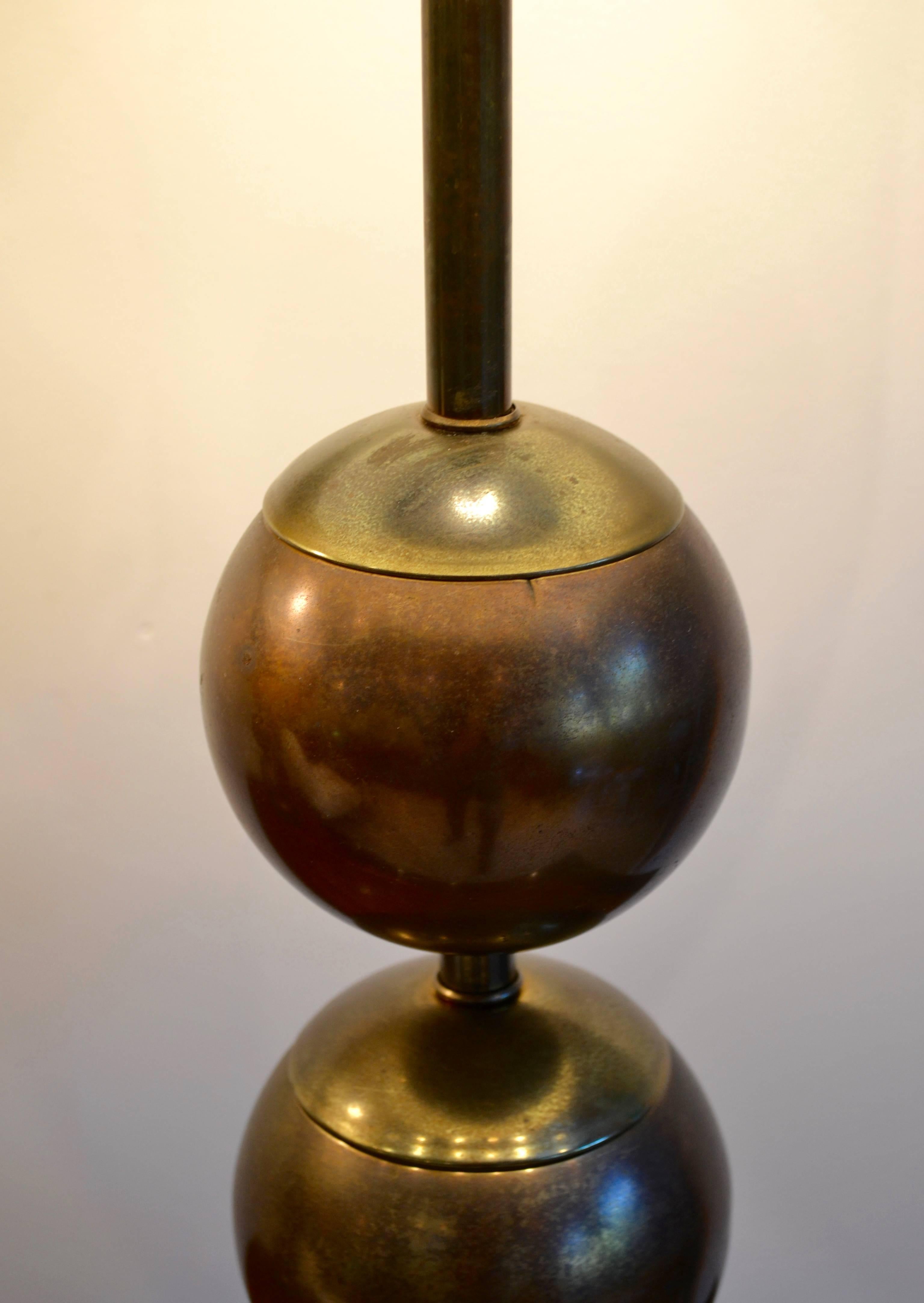 Monumental brass stacked ball table lamps. Gorgeous original soft patina. Large!