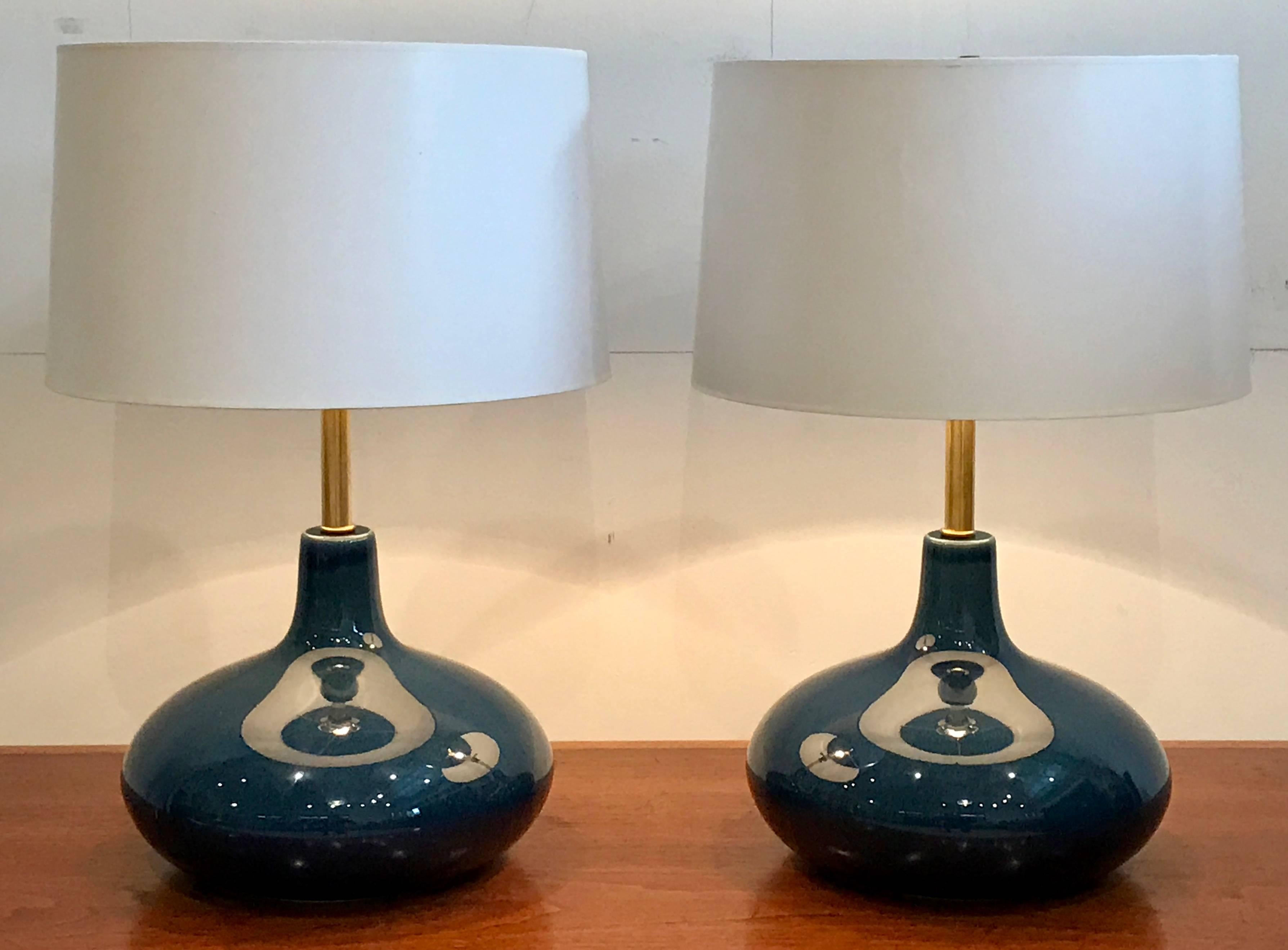 Gorgeous low profile cobalt blue glazed Mid-Century Modern ceramic table lamps by Bostlund Industries.  Exquisite! See photos.  Shades not included.