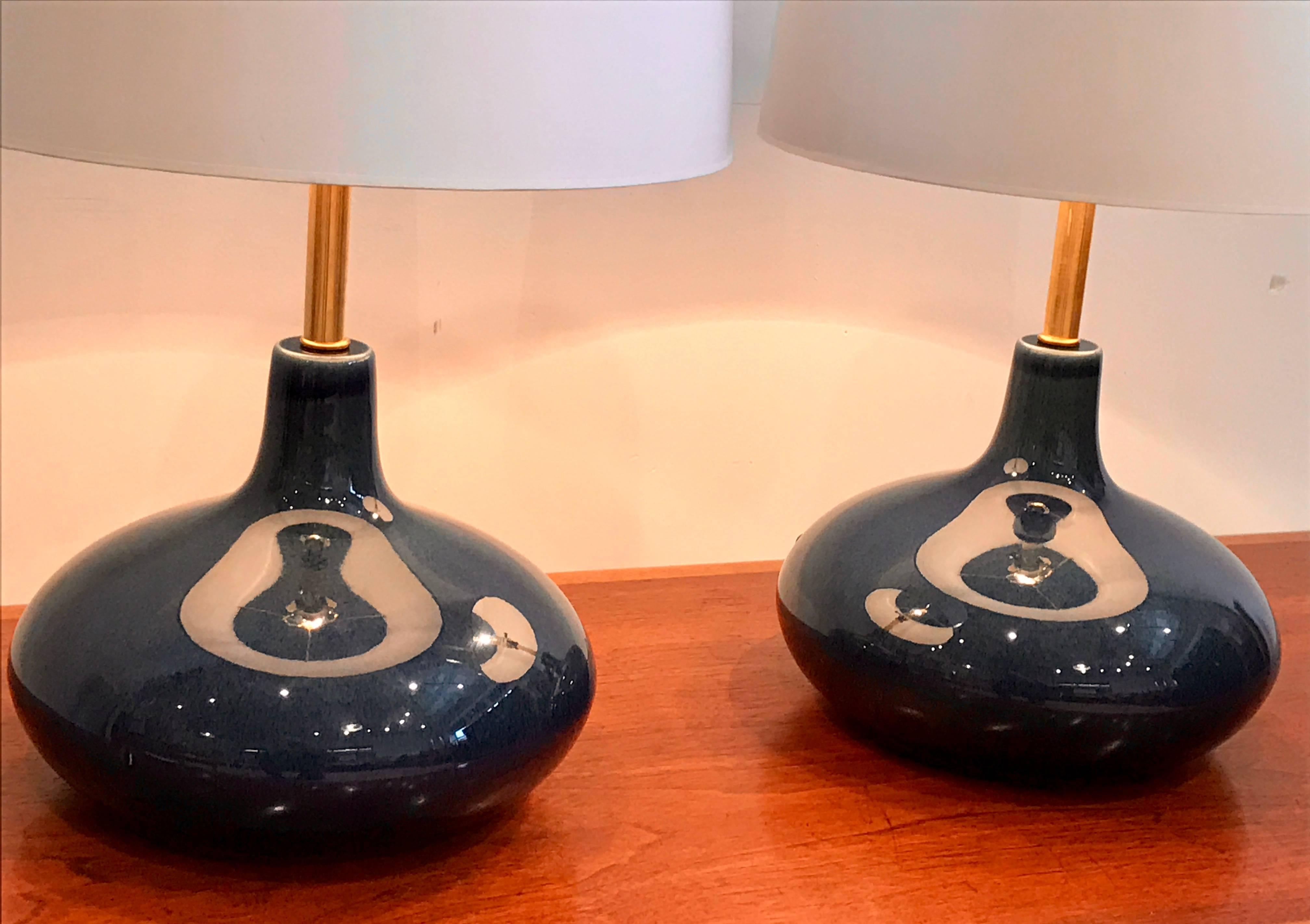 American Pair of Mid-Century Modern Blue Glazed Ceramic Table Lamps, 1960s