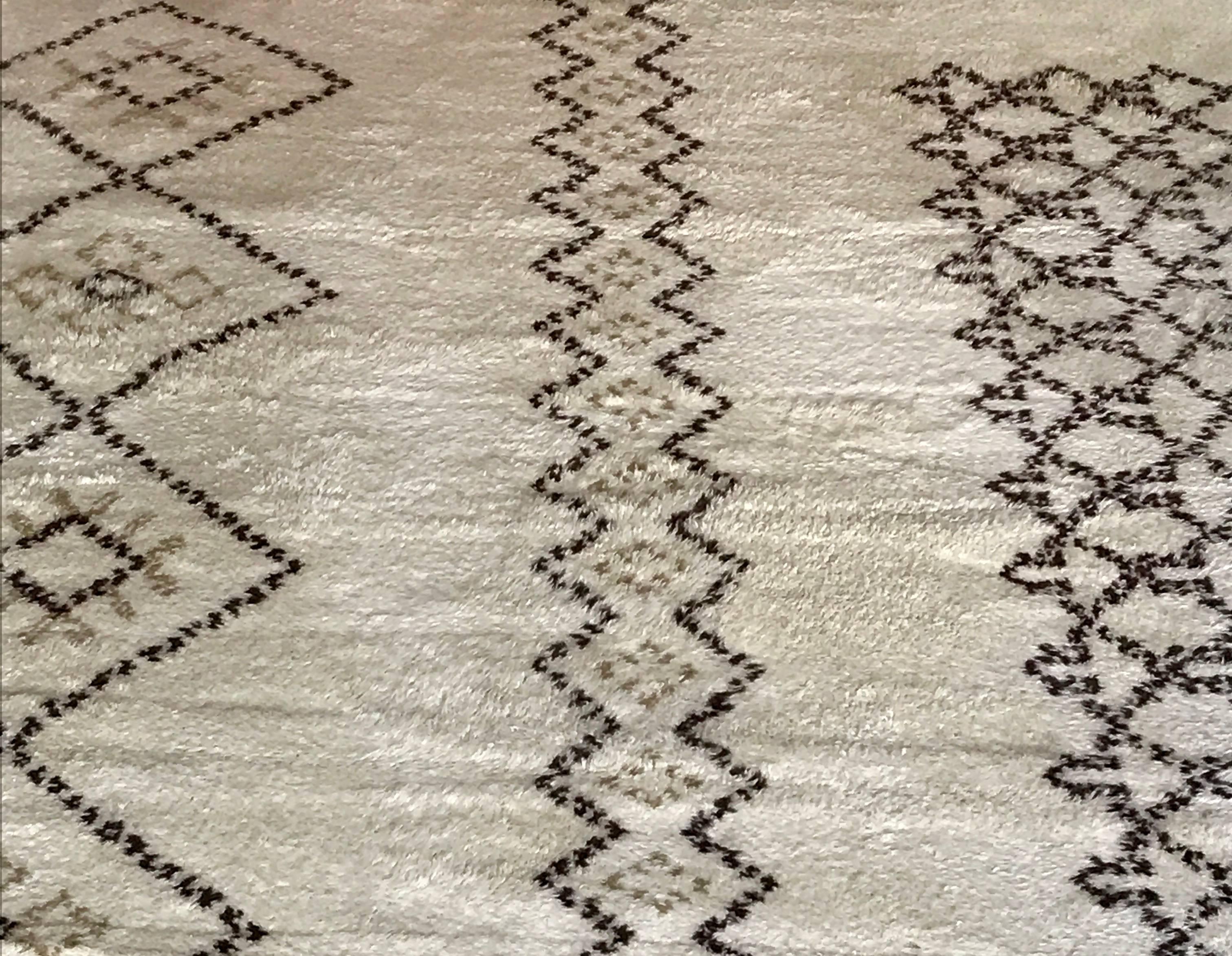 Gorgeous handmade room size vintage Moroccan rug with thick soft pile made of undyed ivory/cream and brown wool. 12 x 15. Exceptional pattern. Hand-knotted.