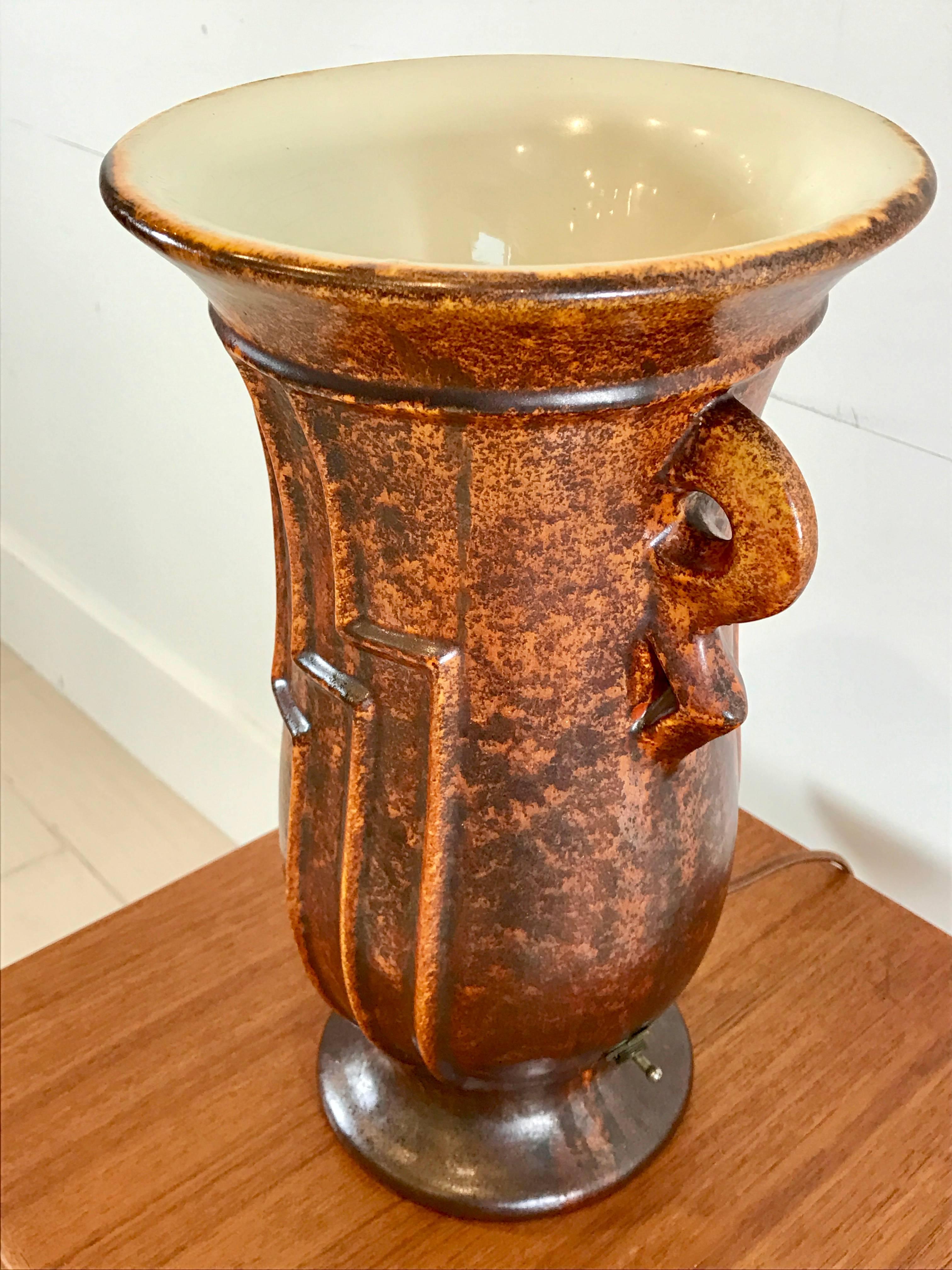 Glazed Ceramic Rust Metallic Glaze Art Deco Table Lamp by Stangl, 1930's