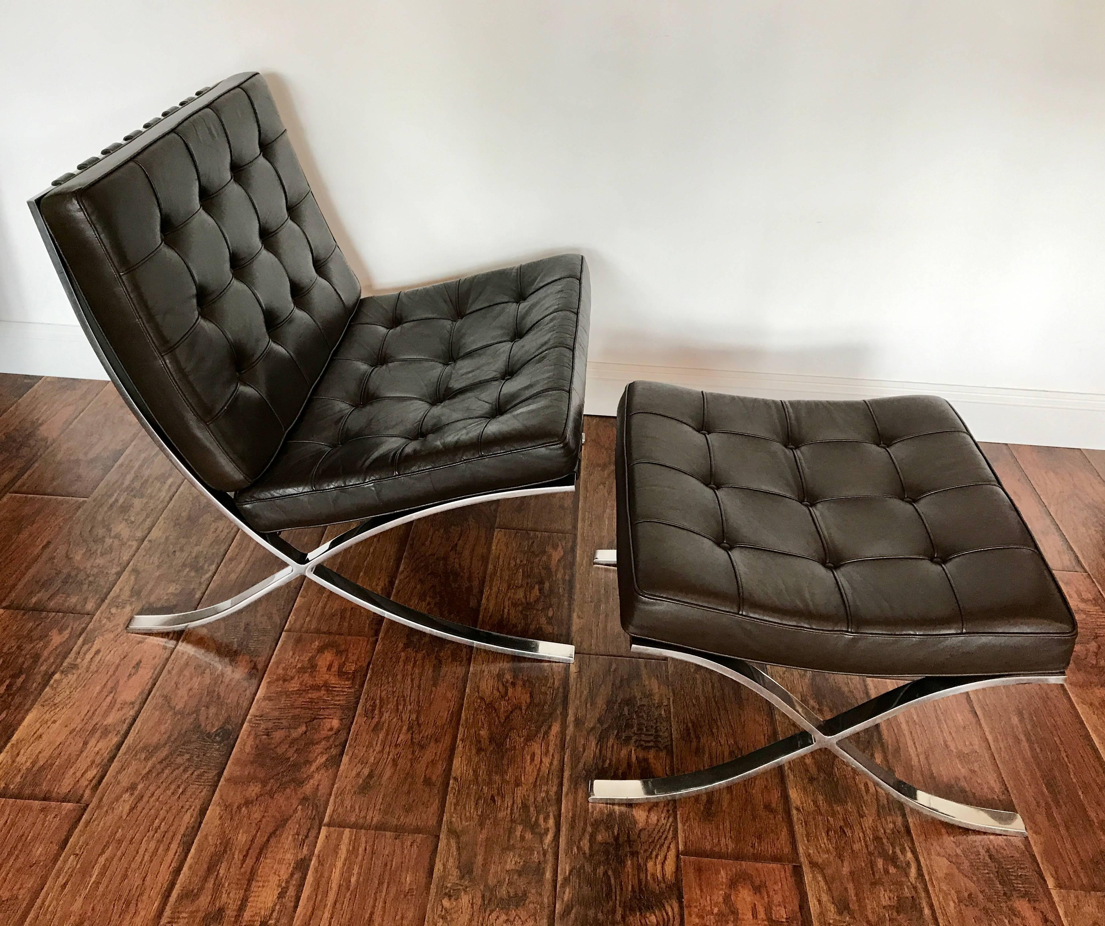 Beautiful mocha brown Barcelona chair with ottoman, 1970s production, solid stainless steel frames. Leather and inner foam in excellent condition with original Knoll labels attached. All snaps and buckles intact.