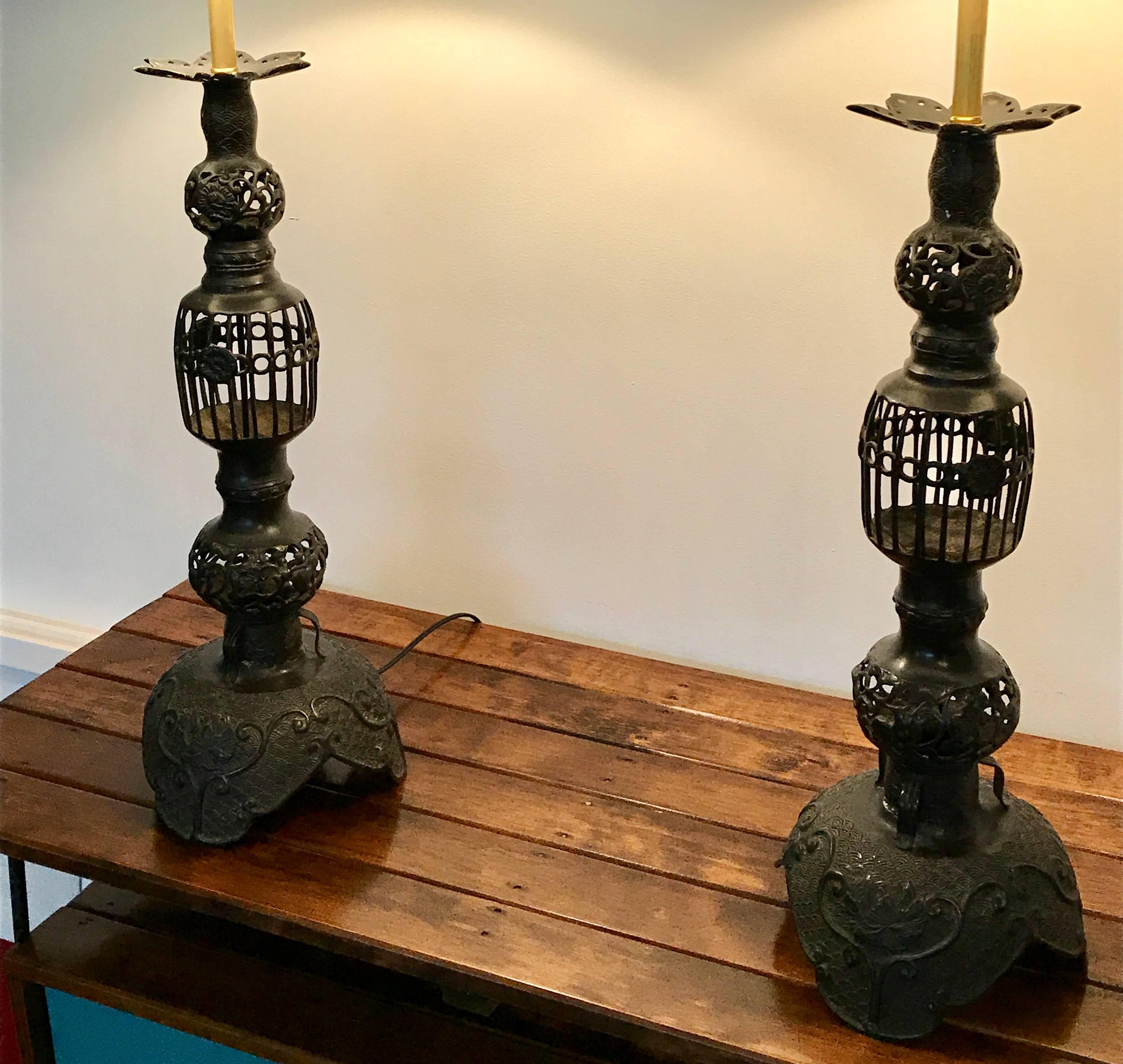 Gothic Pair of Mid Century Large Black Iron Table Lamps, Japan
