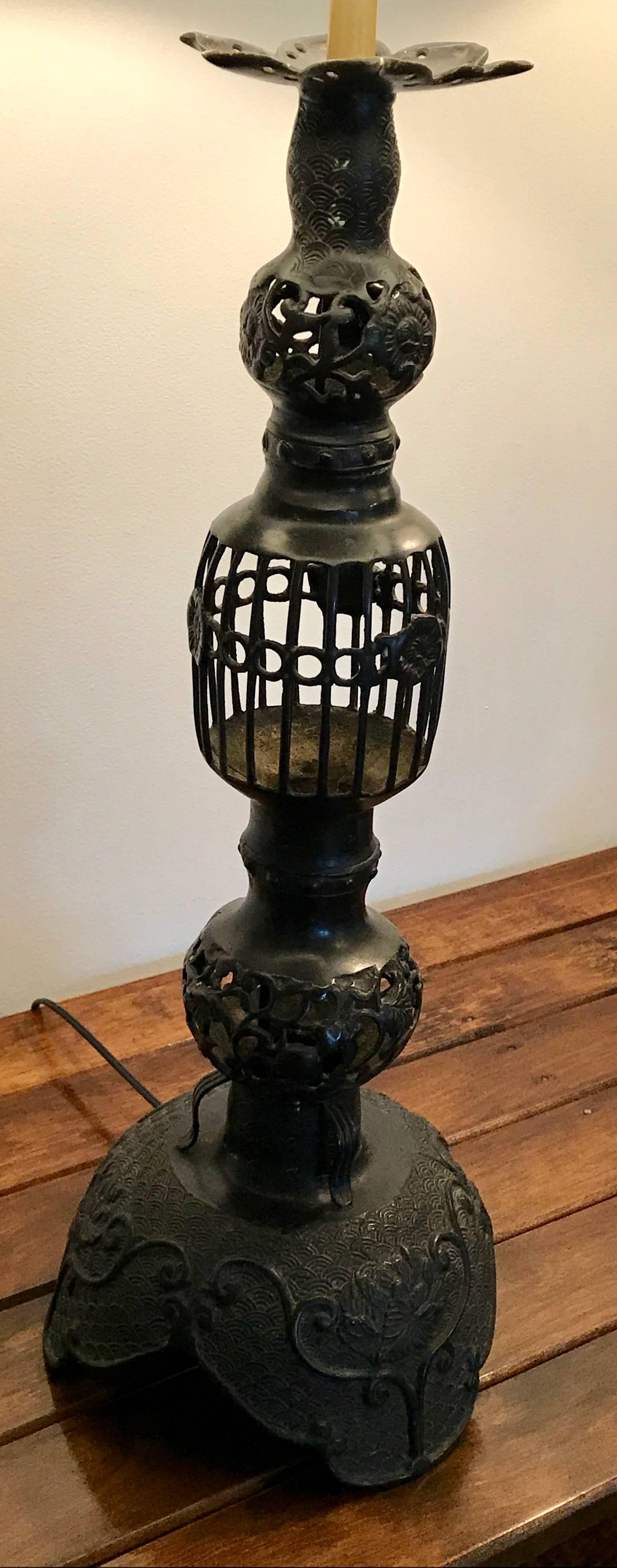 Japanese Pair of Mid Century Large Black Iron Table Lamps, Japan