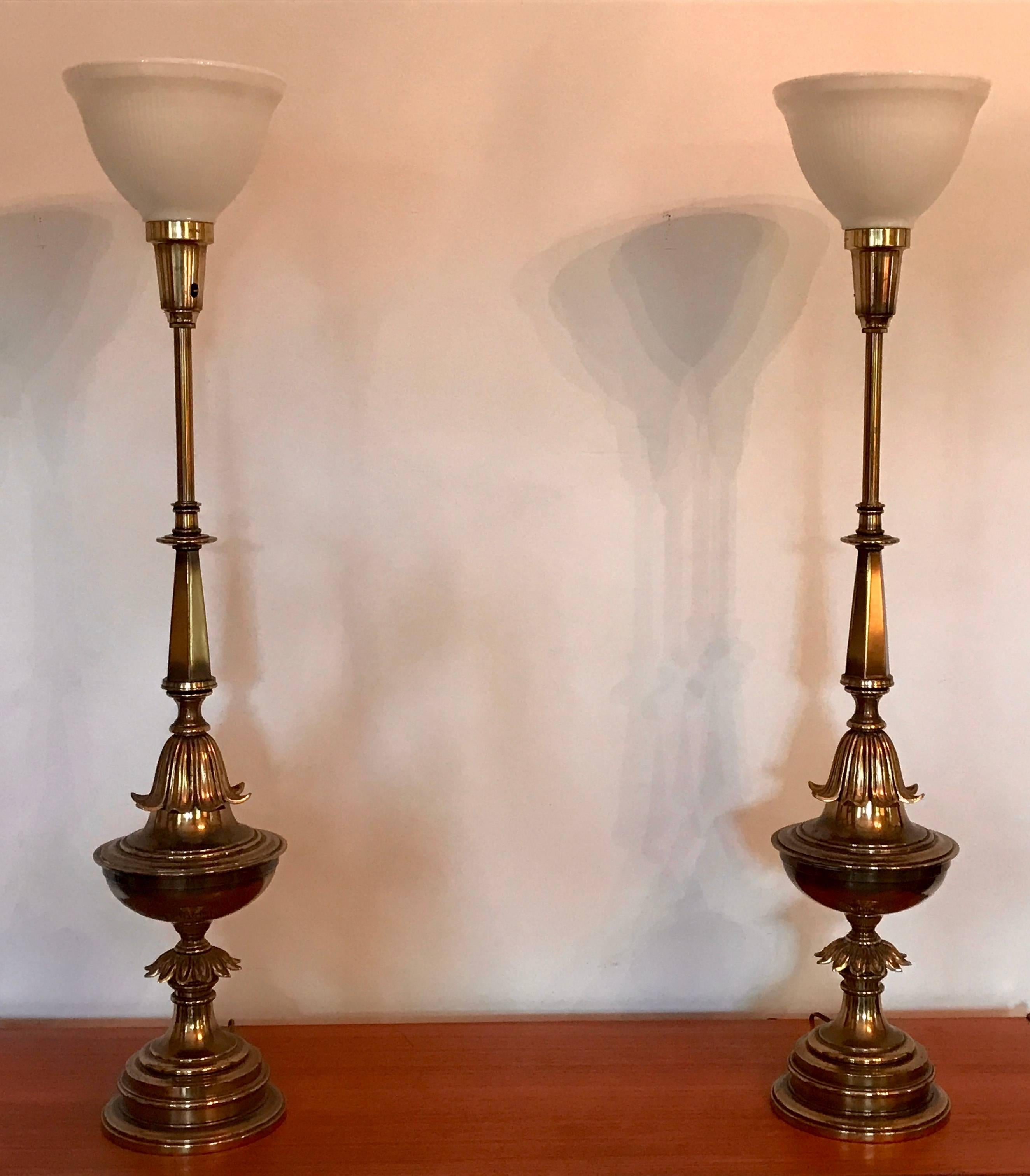 American Pair of Hollywood Regency Style Brass Table Lamps, Large Scale, 1940's For Sale