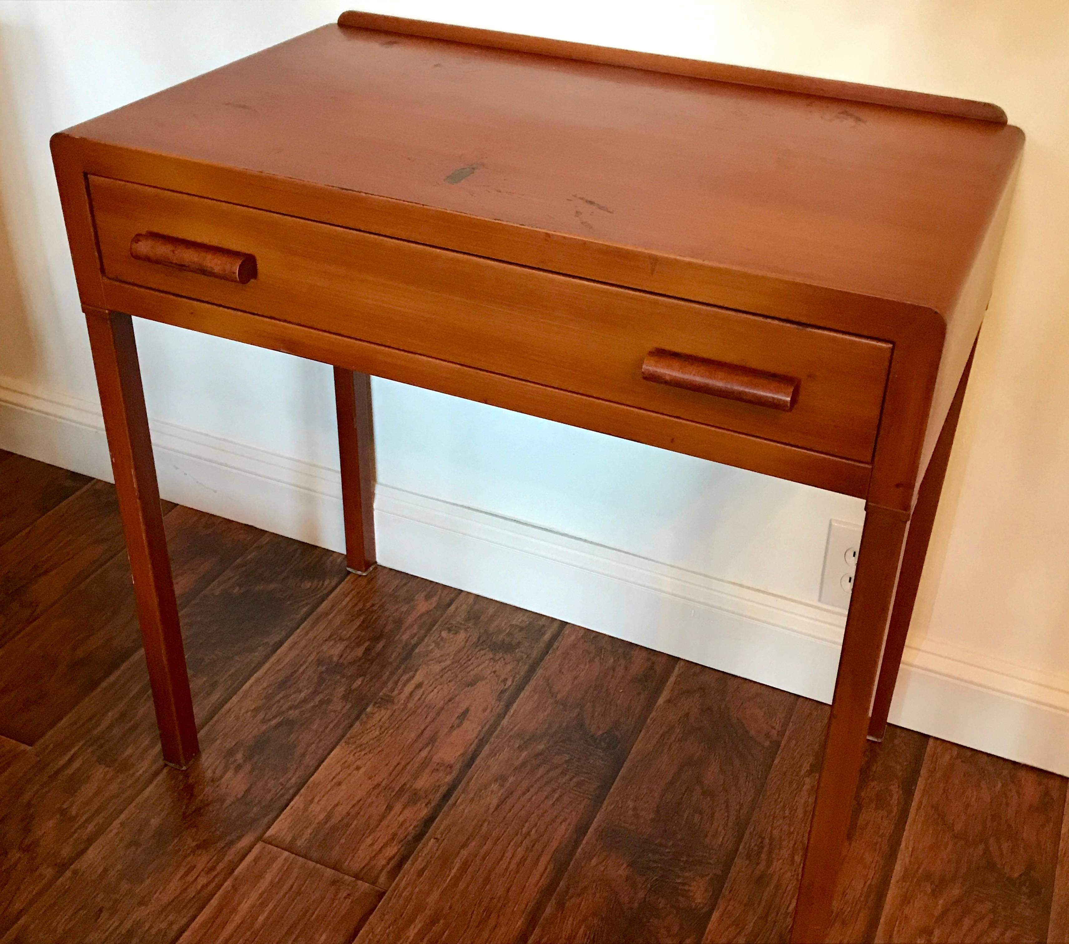 Very cool Art Deco metal desk very similar to the designs Norman Bel Geddes created for Simmons Furniture in the 1930s. All original with wear consistent with age and use. Please see photos.