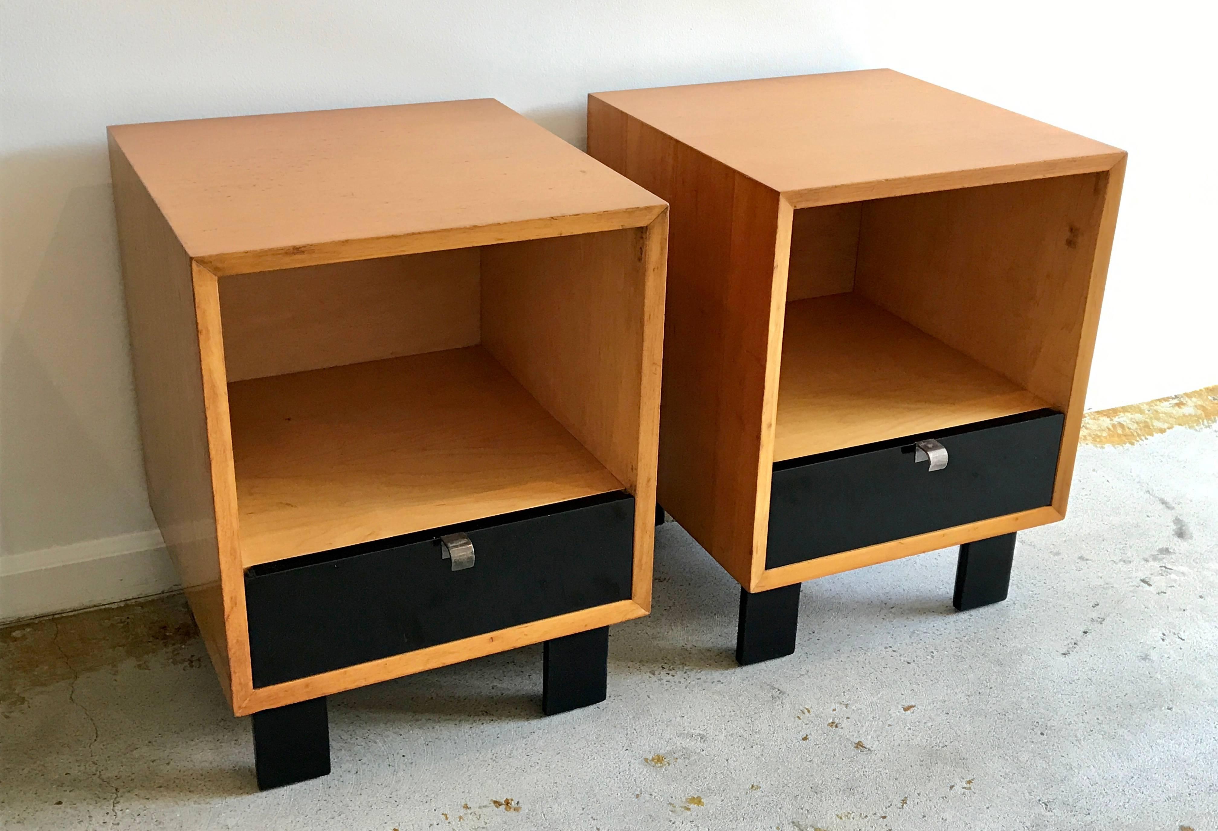 Very cool, and rare, pair of George Nelson night stands in original condition. Single drawer with iconic Nelson designed pull. Wear consistent with age and daily use, please see photos.