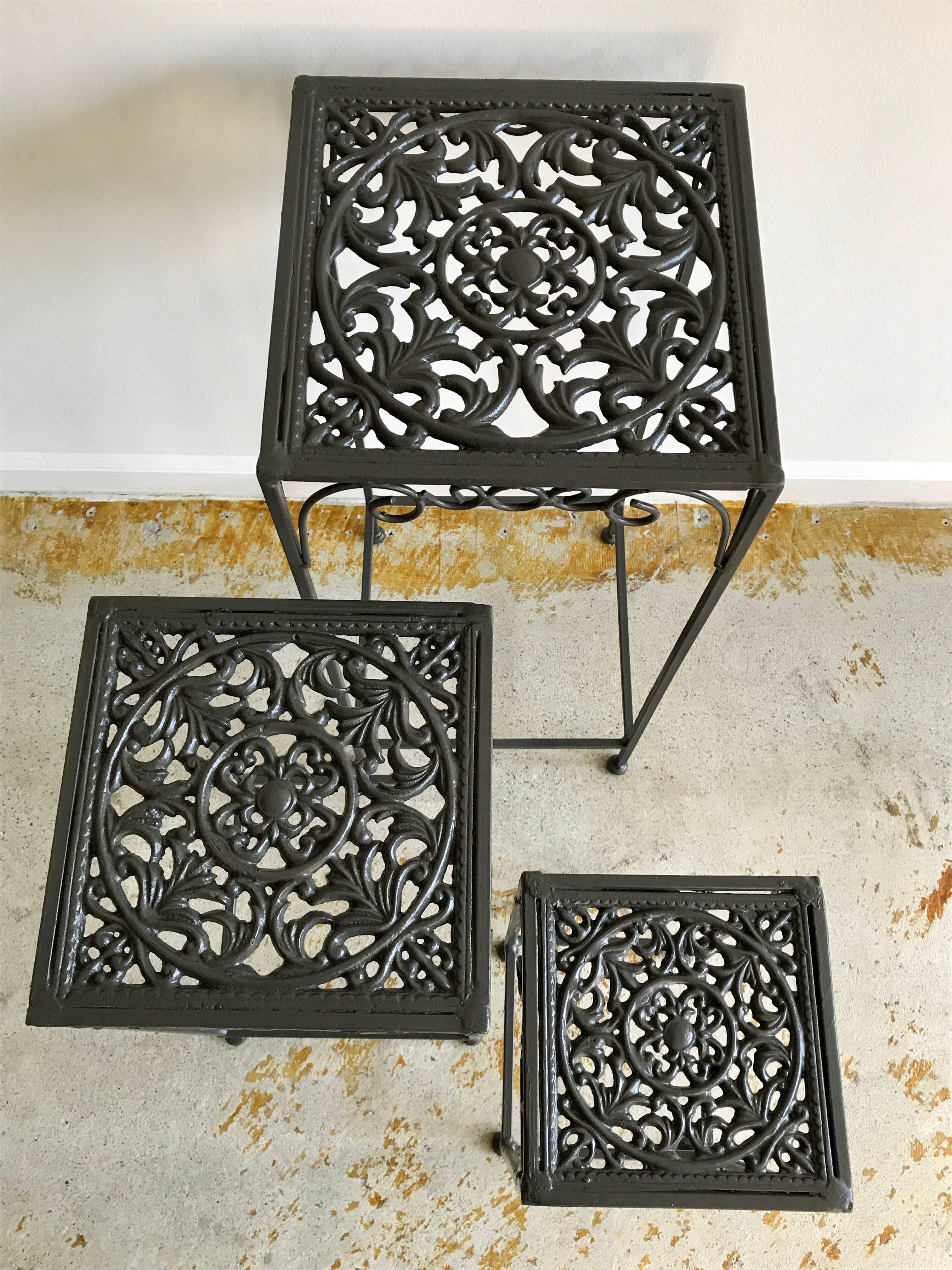 Hollywood Regency Decorative Regency Style Cast Iron Patio Garden Nesting Tables, 1960's