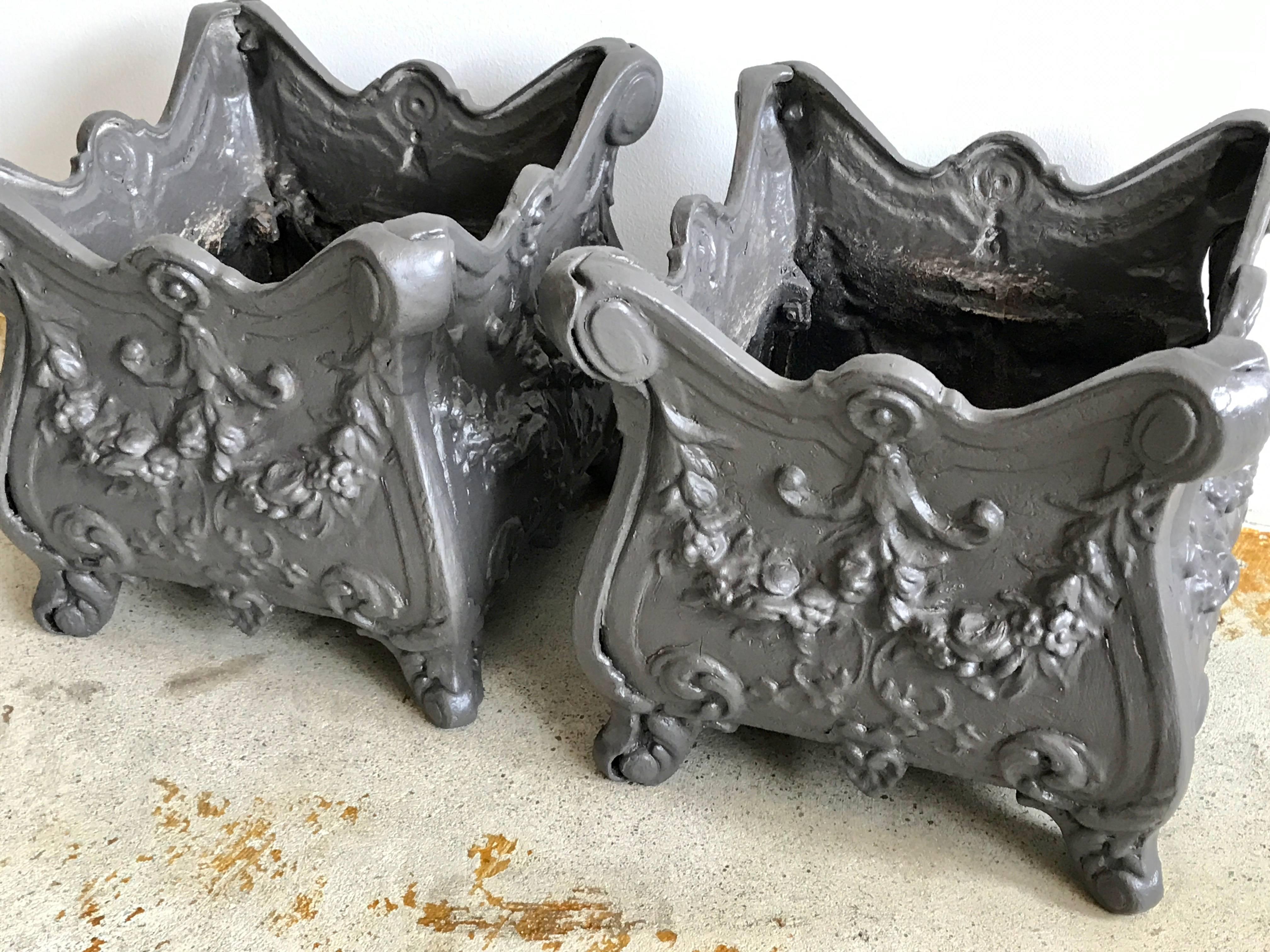 Victorian Pair of Square Cast Iron Garden Planters or Urns, early 20th Century
