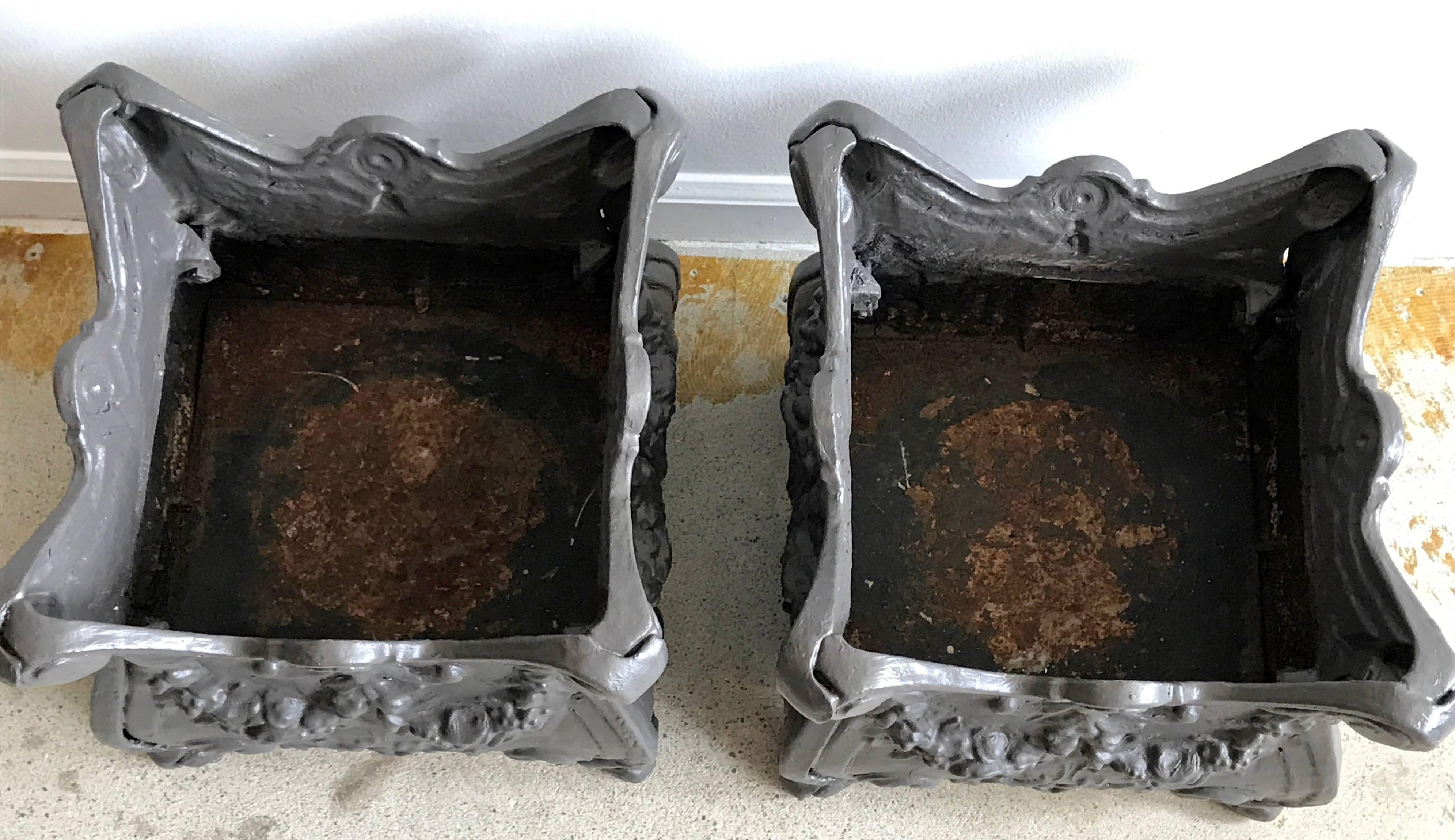 Unknown Pair of Square Cast Iron Garden Planters or Urns, early 20th Century