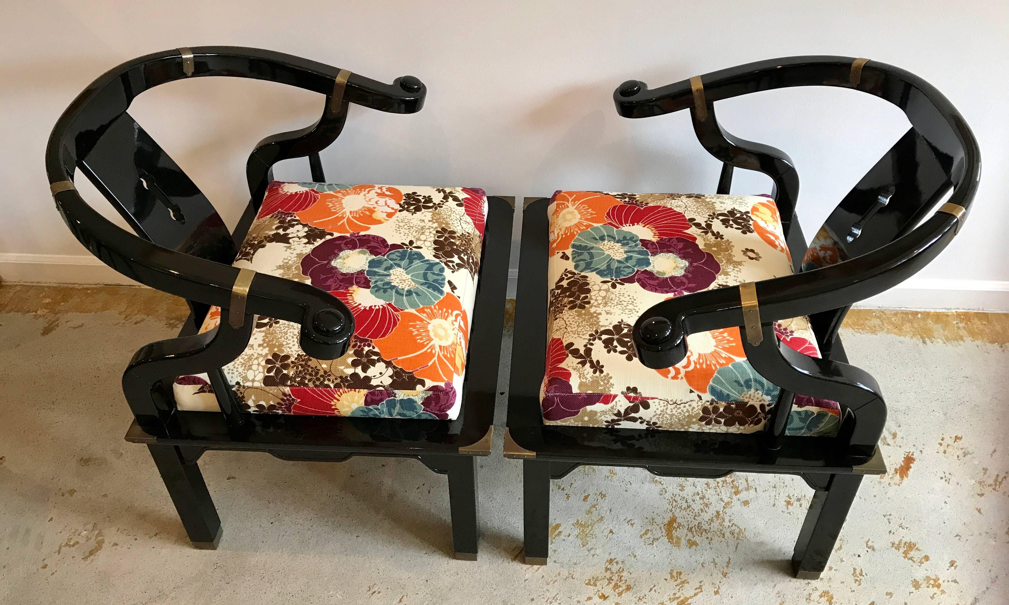 Hollywood Regency Pair of James Mont Style Chinese Black Lacquer Horseshoe Back Club Chairs 1970's