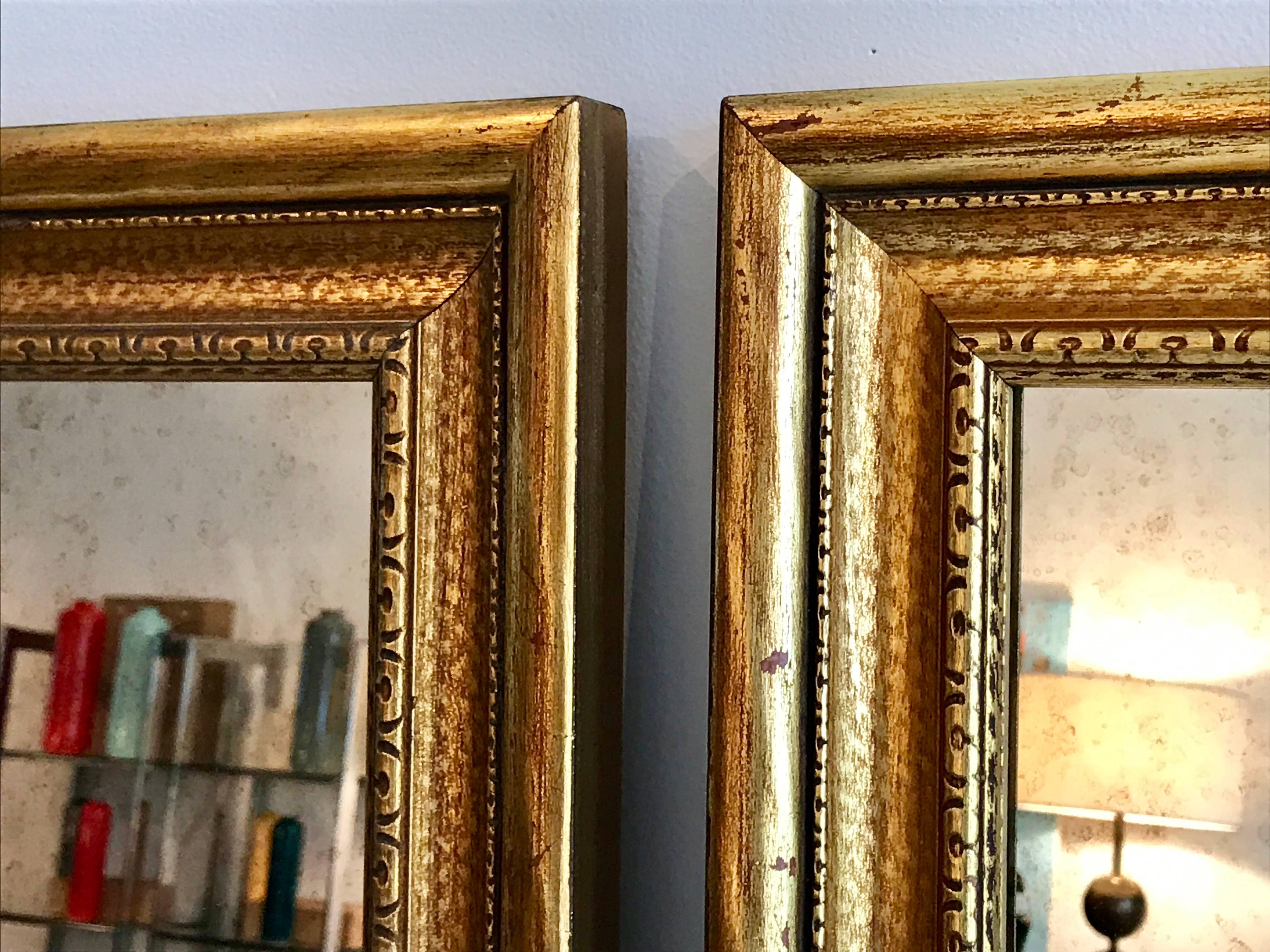 American Pair of Gold Giltwood Framed Antiqued Silver Mirrors, Early 20th Century