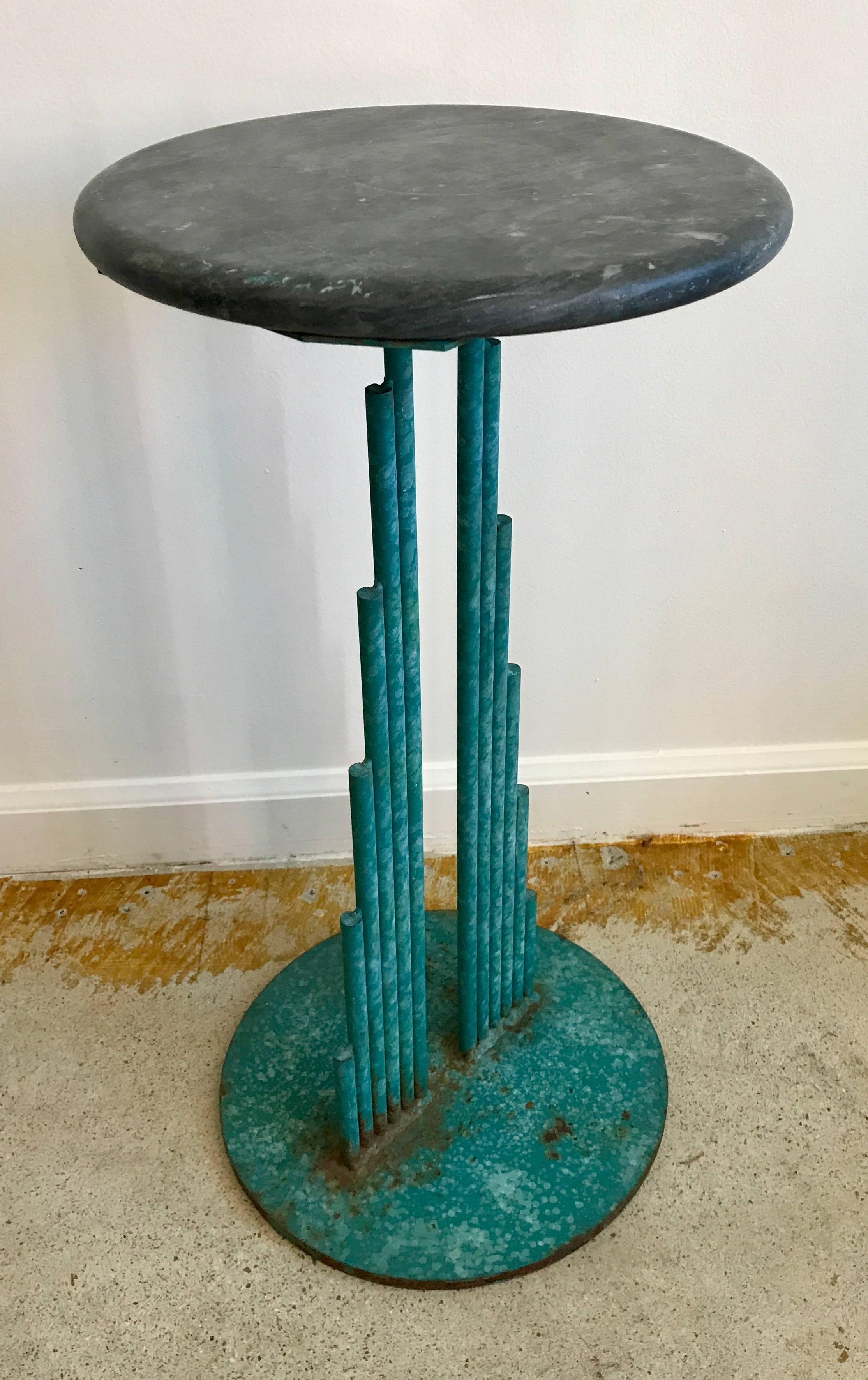 Extremely rare Curtis Jere side table or pedestal, welded sculptural metal base with round blue/grey Carrara marble top. In original authentic vintage condition with beautiful age and patina, light surface scratches on marble top and surface rust on