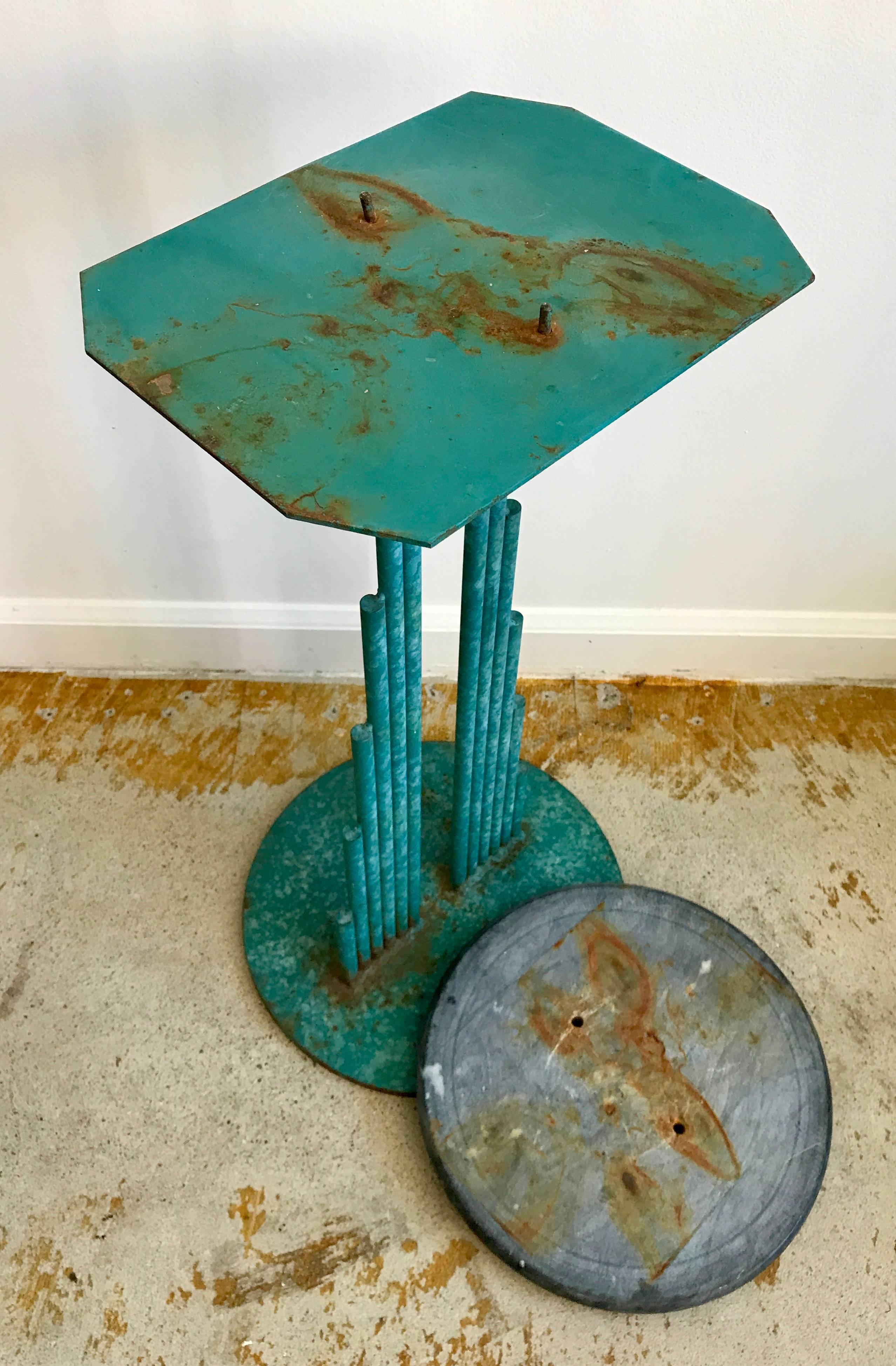 American  Curtis Jere Memphis Era Metal Side Table with Round Marble Top, 1987