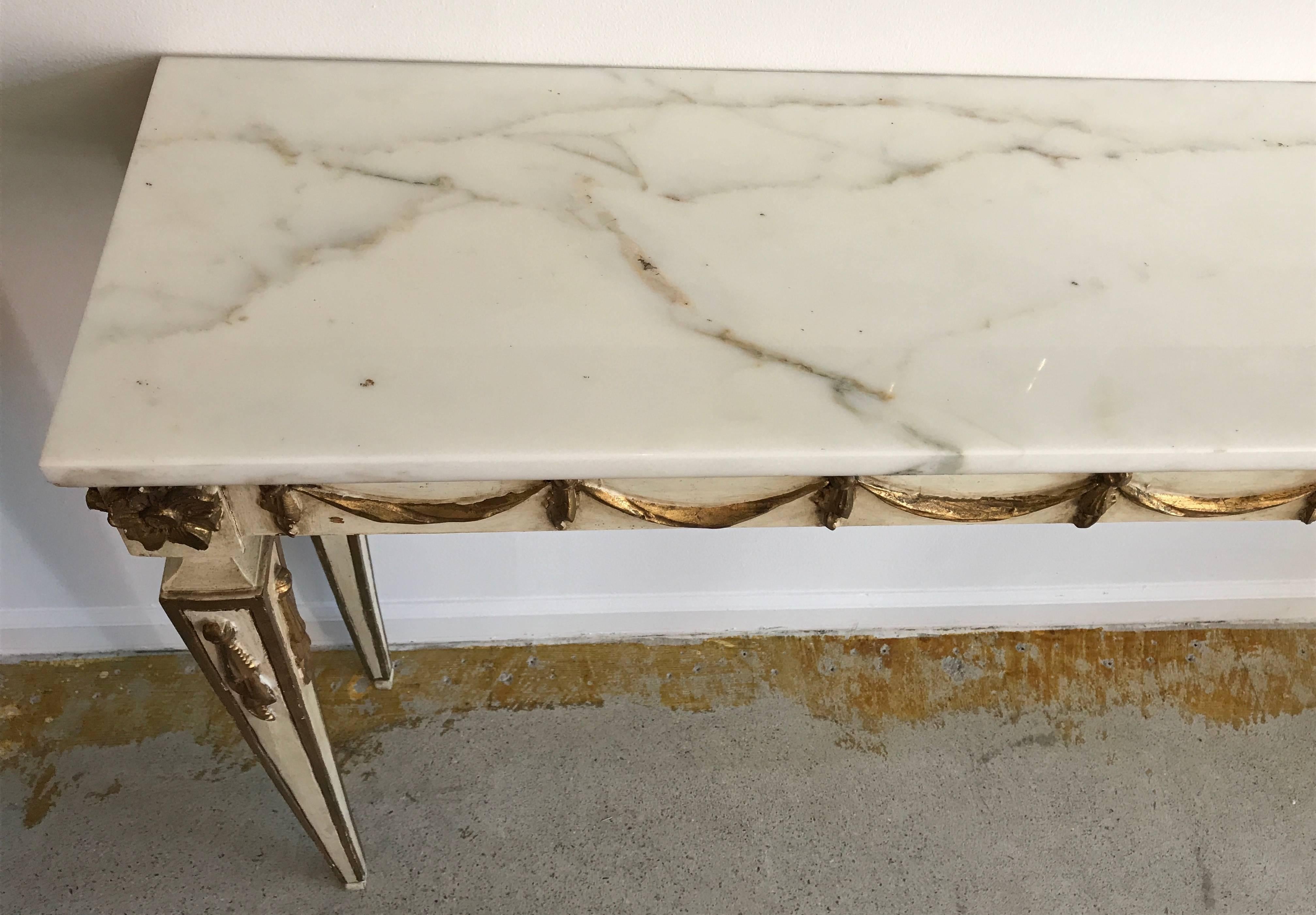 20th Century Italian Painted and Parcel-Gilt Neoclassical Console Table with White Marble Top