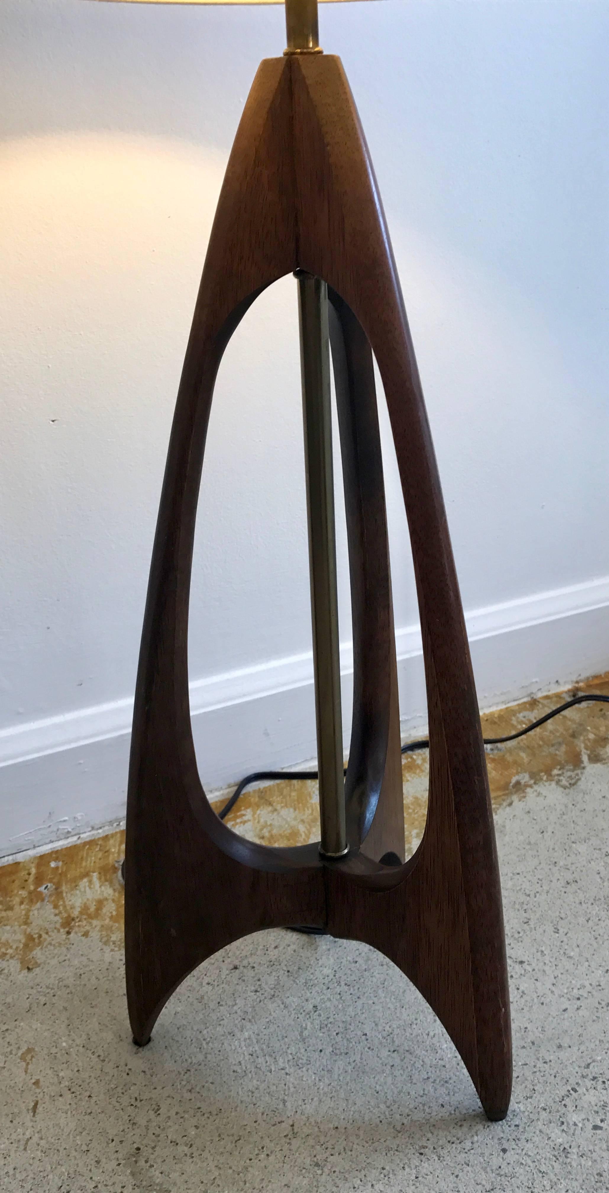 Very cool pair of Danish tripod shaped table lamps with great lines. Brass center stem with beautiful patina and all original hardware. Rewired. Shades not included.