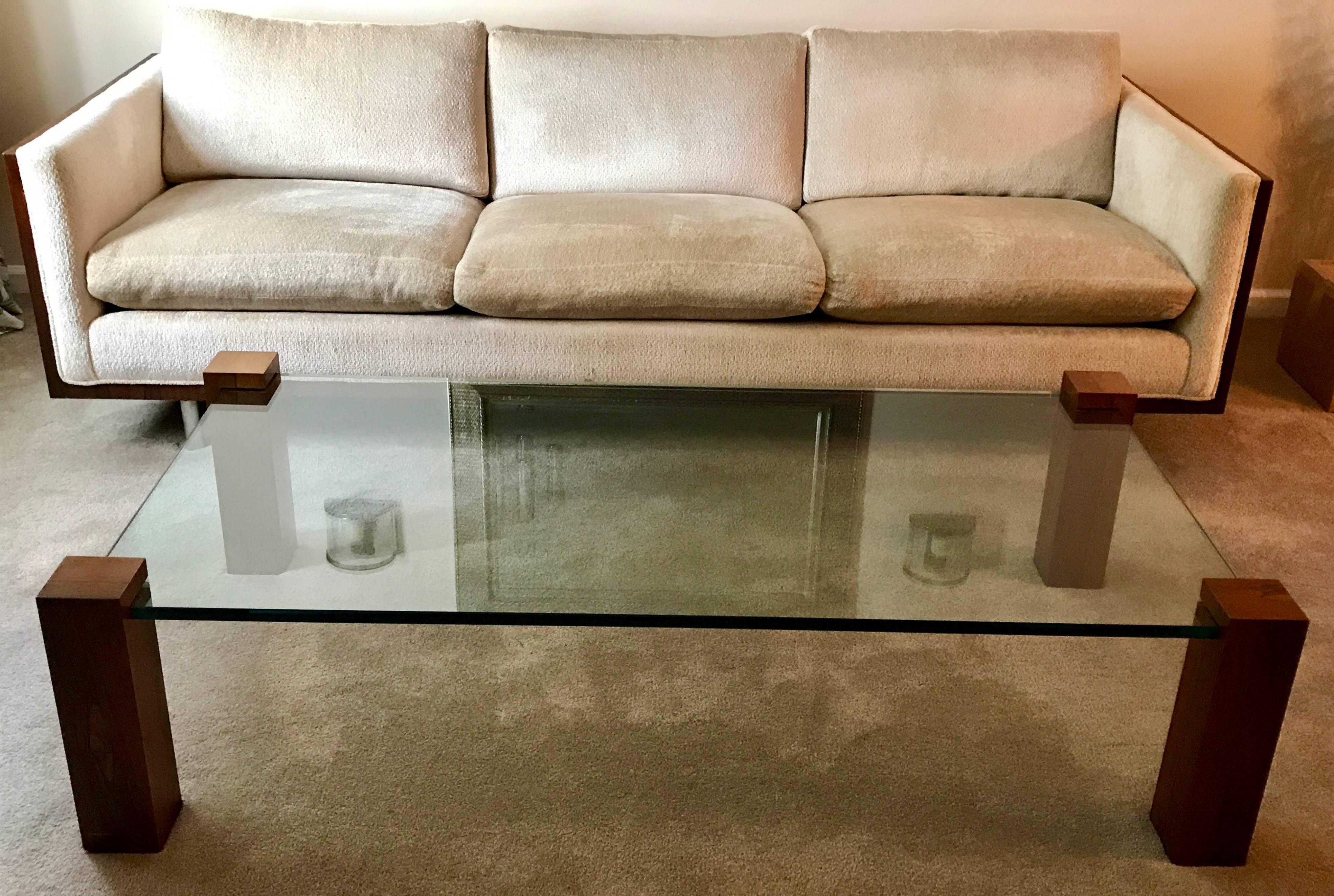 American Floating Glass and Walnut Rectangular Coffee Table, 1960s