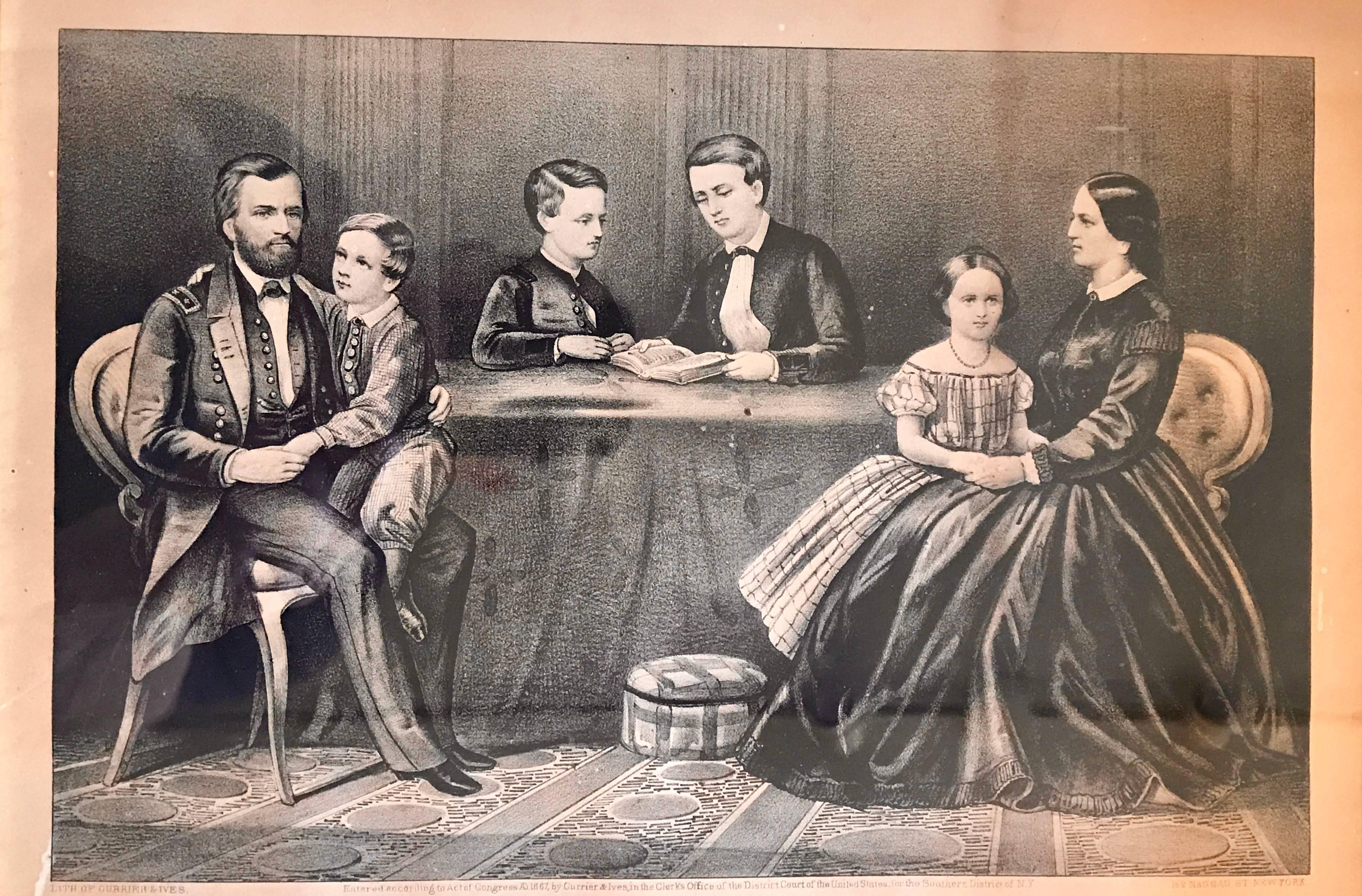 Important 19th century Currier & Ives NYC lithograph of General Grant and family. Original frame. Shadow box glass.
