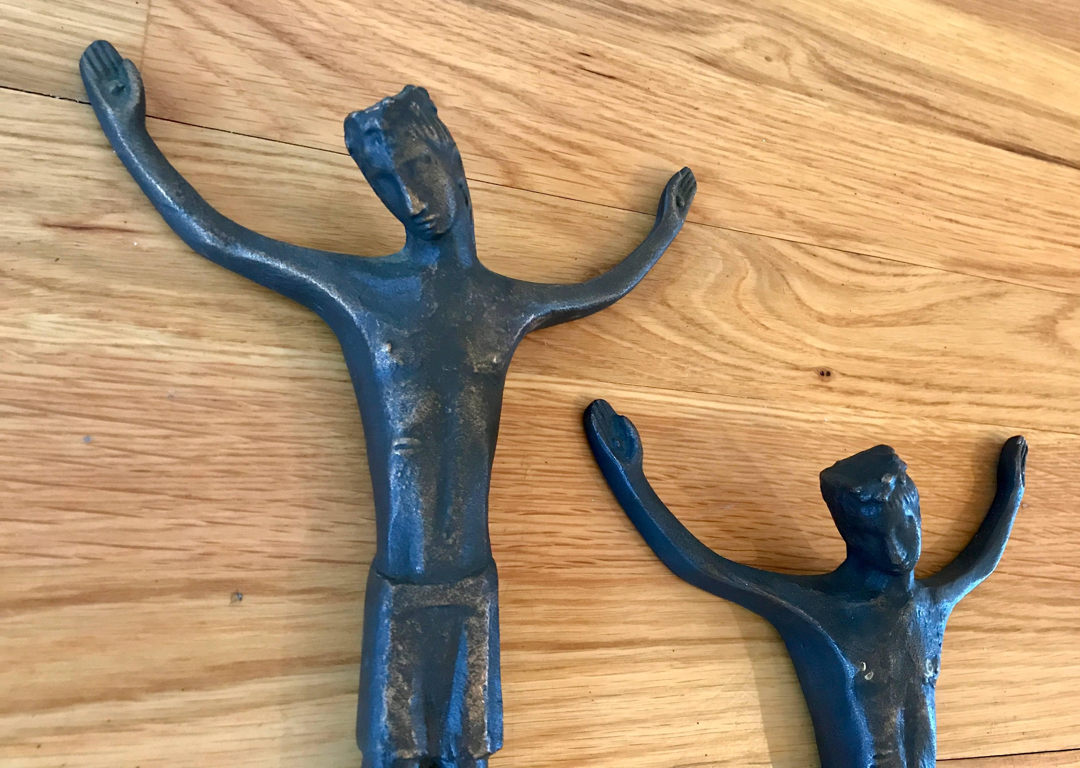 Incredible handmade bronze Brutalist crucifix figures from West Germany. Unknown artist, incredibly well made. Absolutely exquisite. Religious. Midcentury. Two available. Price is for each.