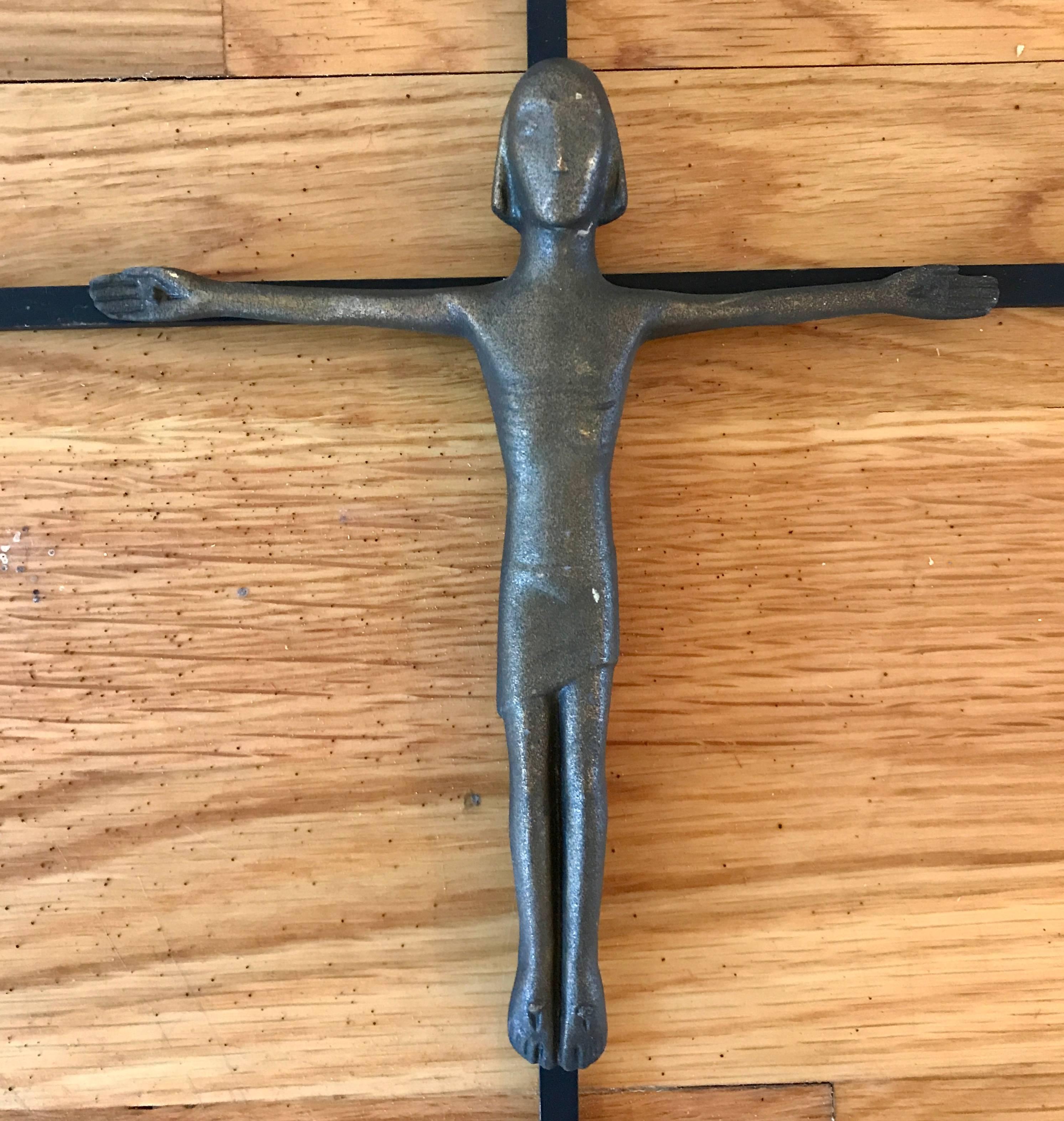 Handsome Brutalist bronze crucifix figure on steel cross. Handmade. Unknown artist.