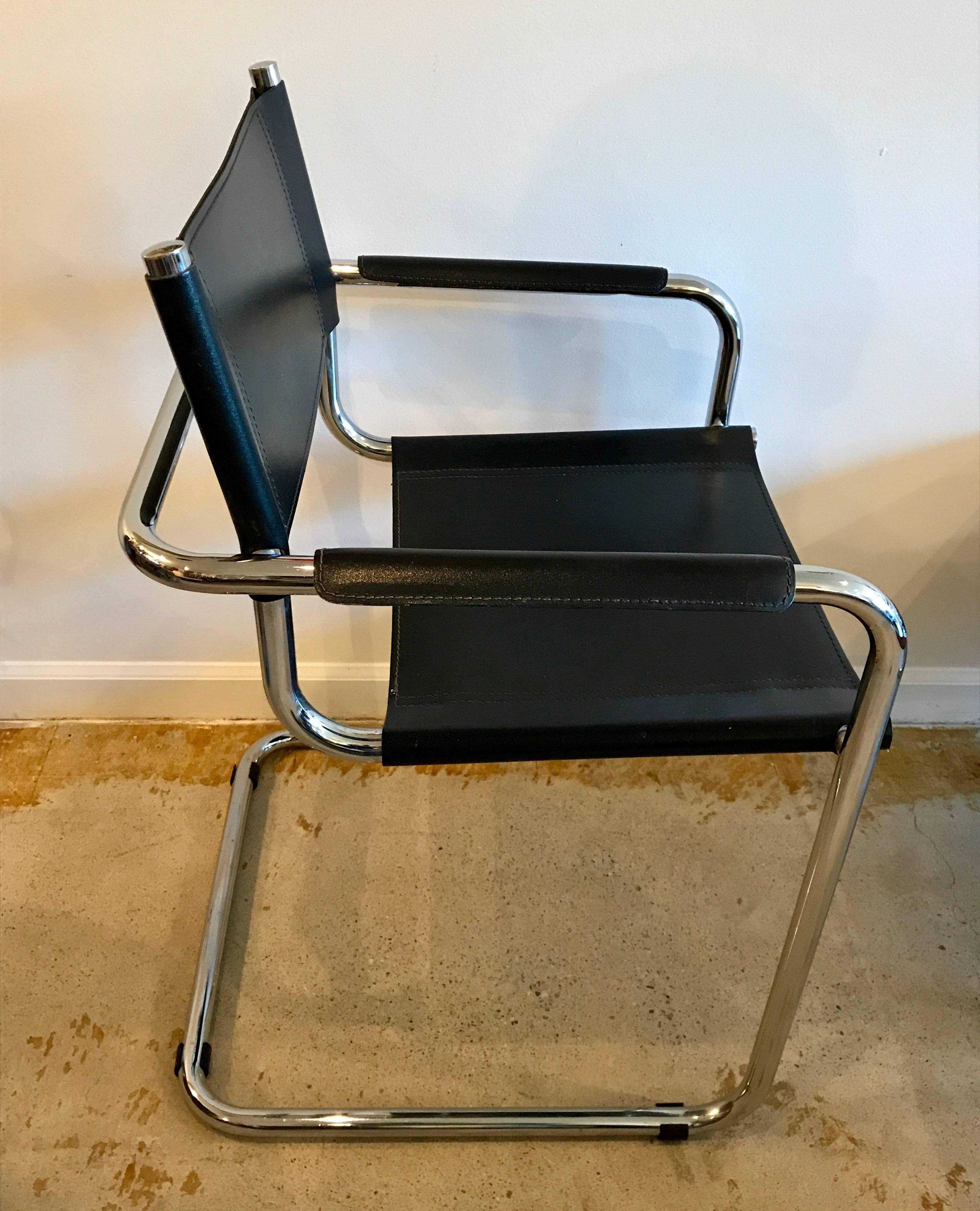 Mid-Century Modern Set of Four Chrome and Black Leather Dining Chairs by Mart Stam, 1980s