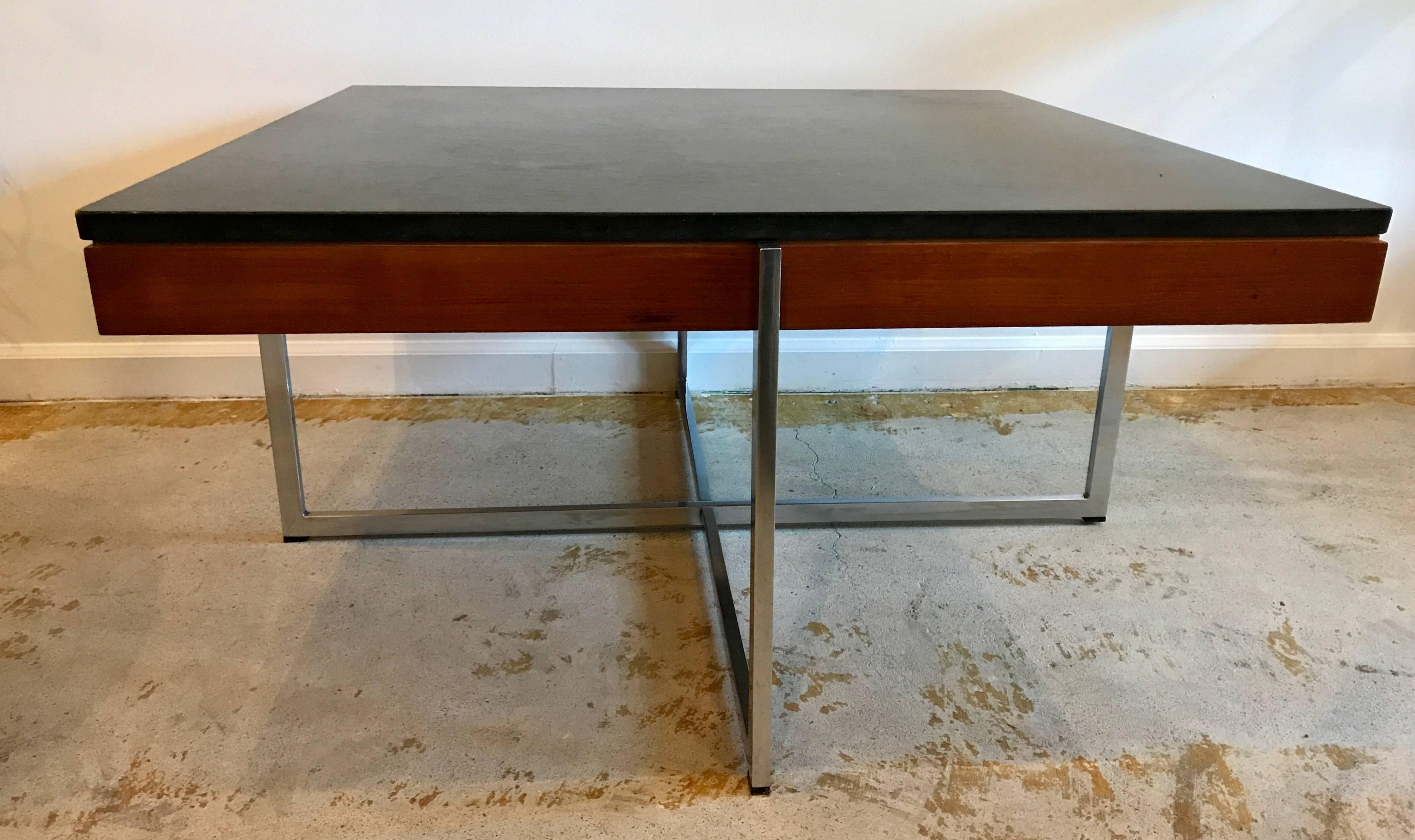Amazing square slate top coffee table with teak frame and chromed steel base. Designed by Preben Fabricius and Jorgen Kastholm, 1960's, Denmark