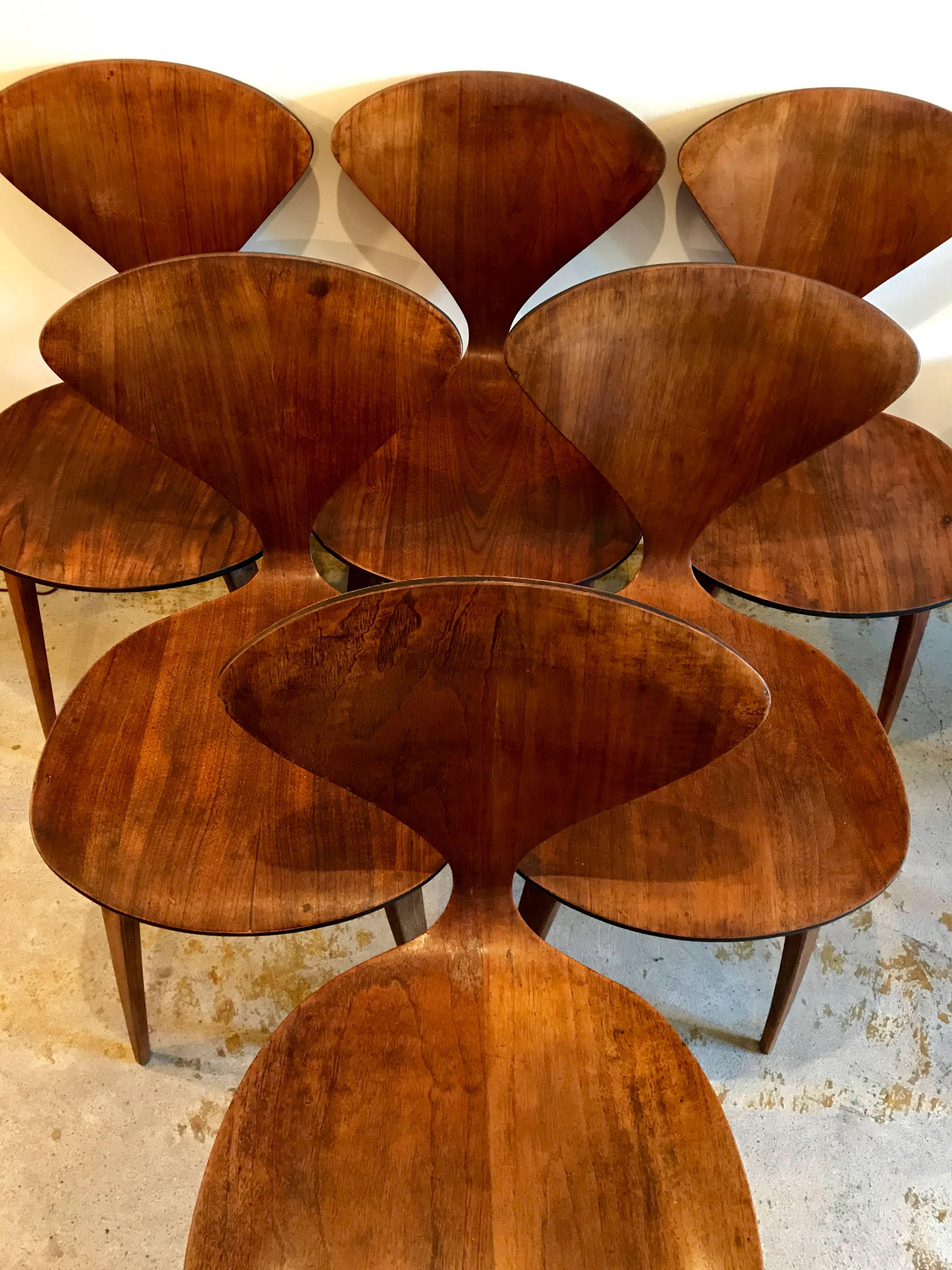Beautiful set of six Norman Cherner bentwood dining chairs manufactured by Plycraft, 1950s. Wonderful deep, dark walnut grain with aged patina. The chairs have been professionally cleaned but maintain their original finish. All structurally sound,