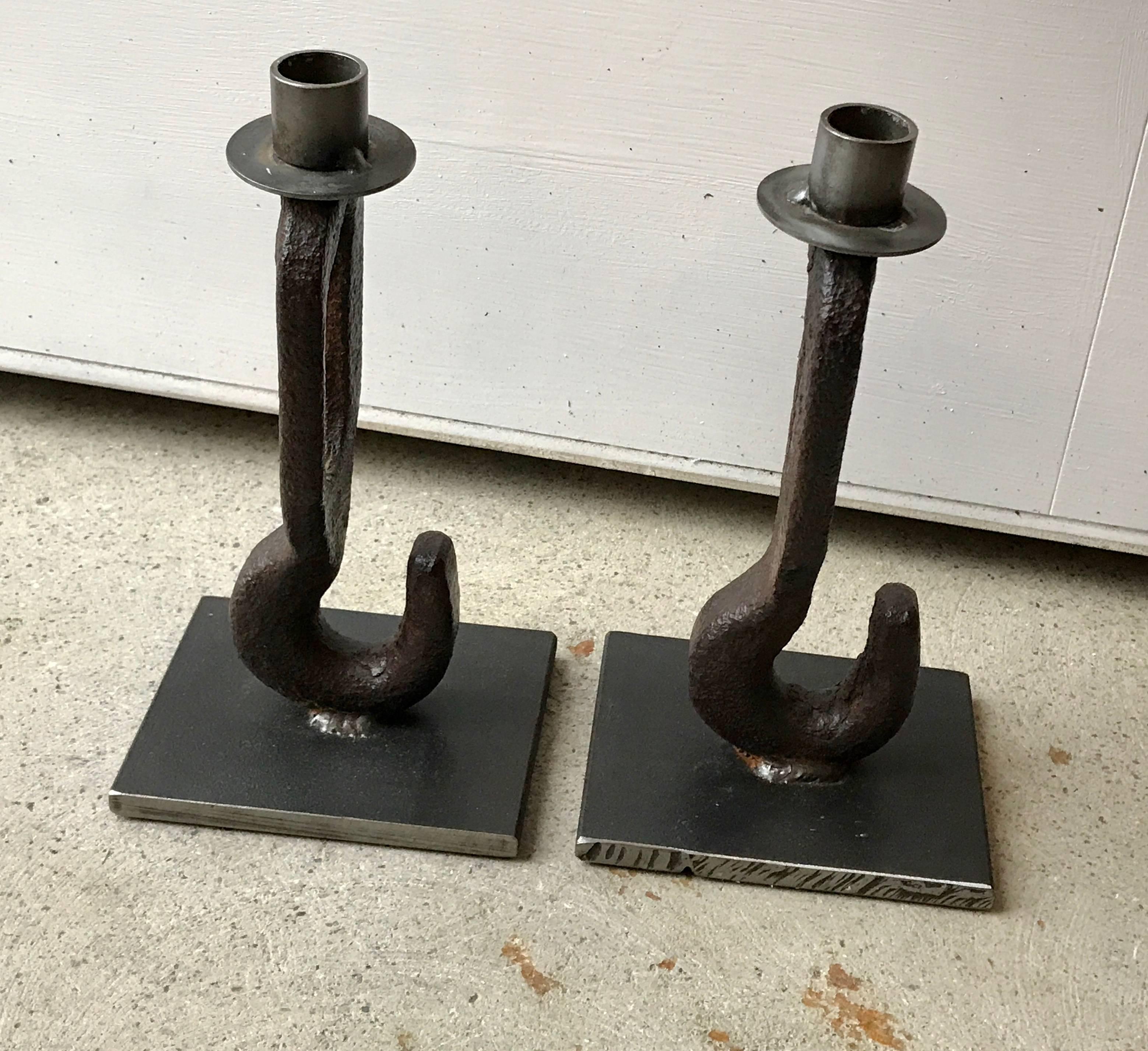 Brutalist Industrial Steel Candlestick Holders by American Artist Breck Armstrong