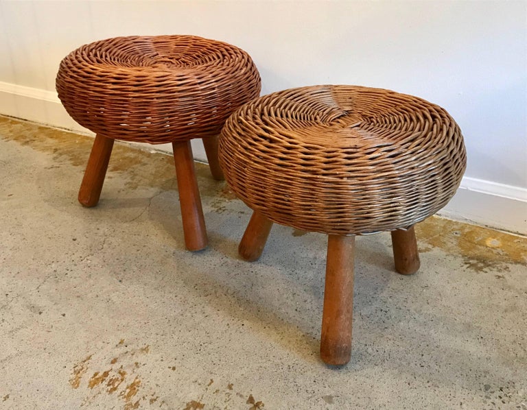 MidCentury Tony Paul Woven Rattan Wicker Round Footstool, 1950's at