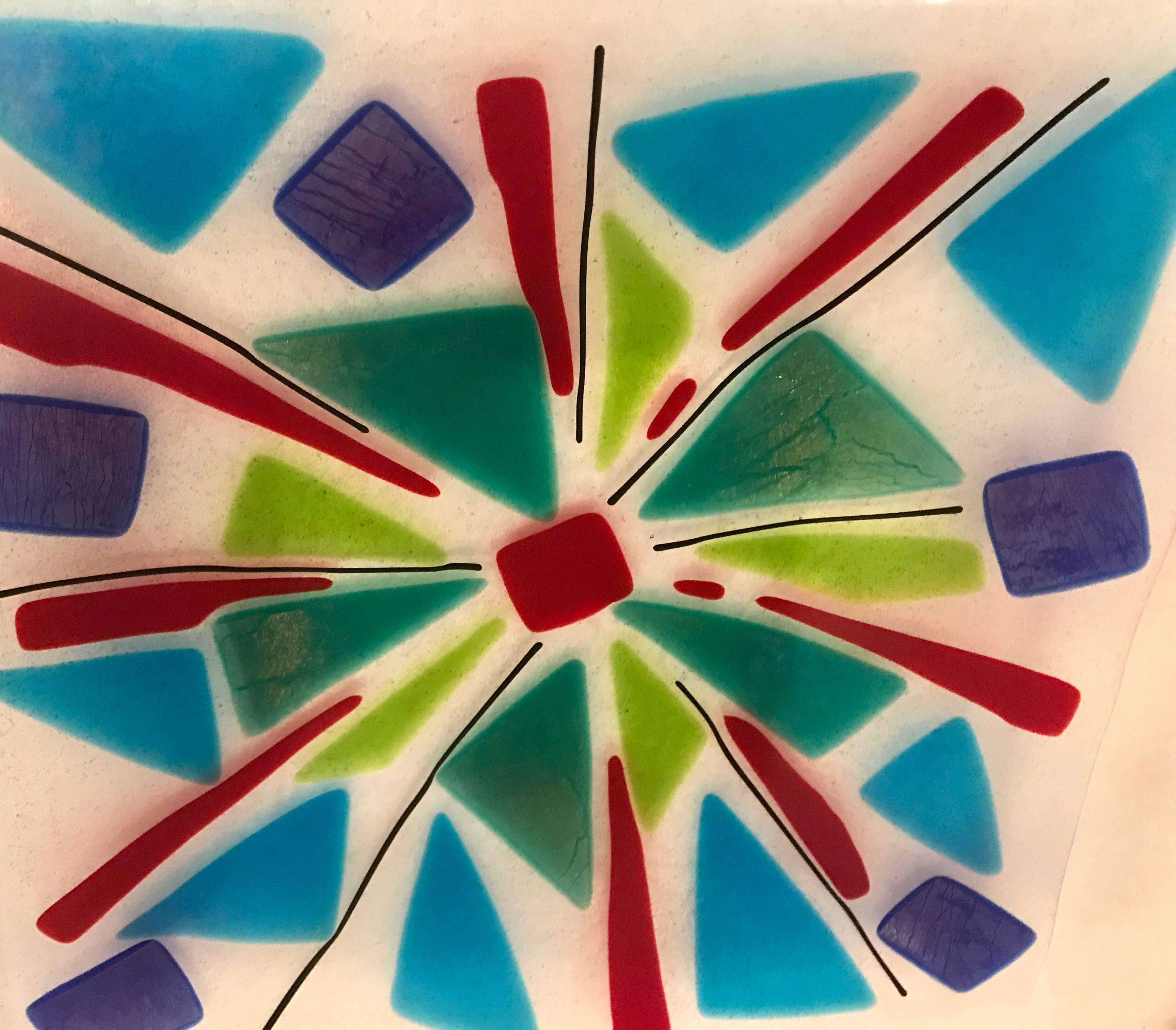 Beautiful mid century modern art glass tray or serving platter.  The vibrant colors are fused within the glass.  Maker unknown.