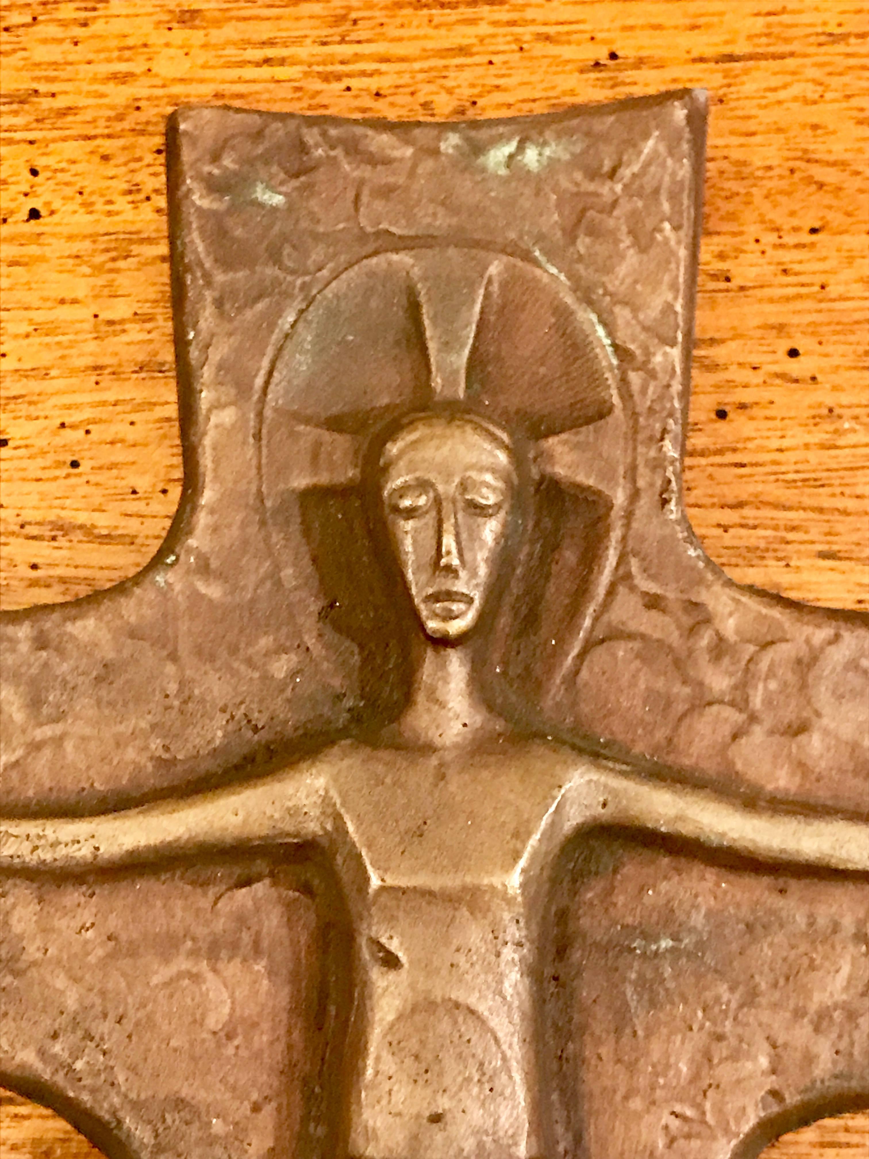 Handsome mid century brutalist bronze crucifix, handmade in West Germany. Unknown artist.