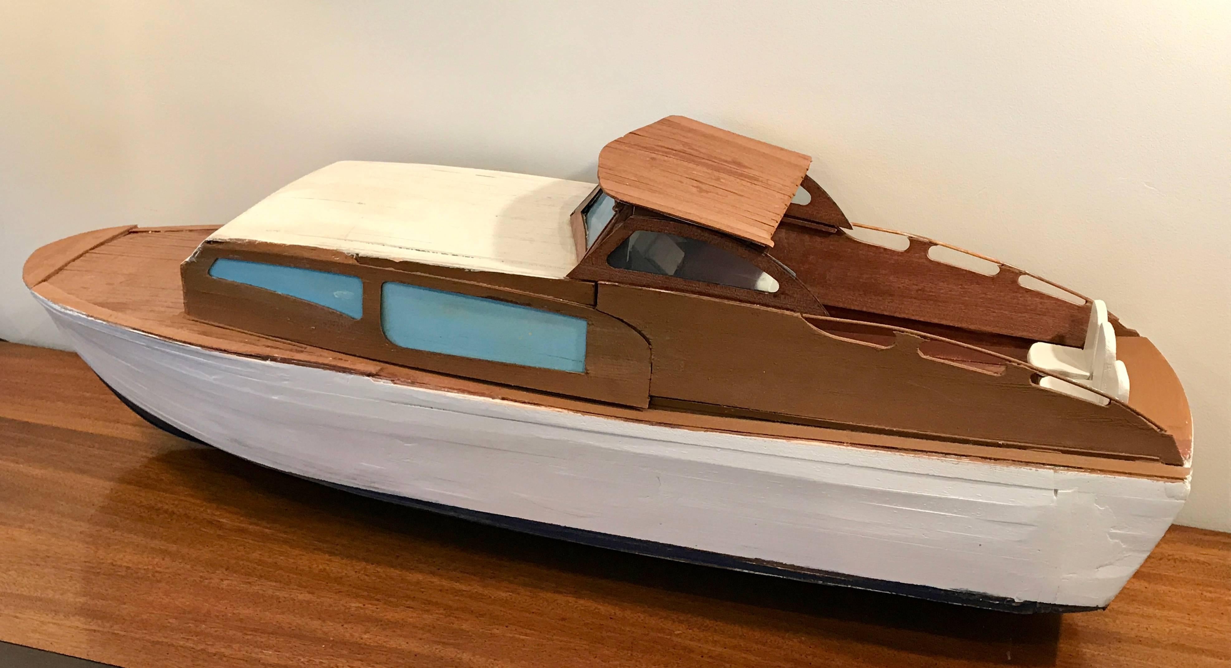 Very cool wooden Cabin Cruiser folk art sculpture. Nautical. Handmade. Great size at 36 inches x 12 inches.