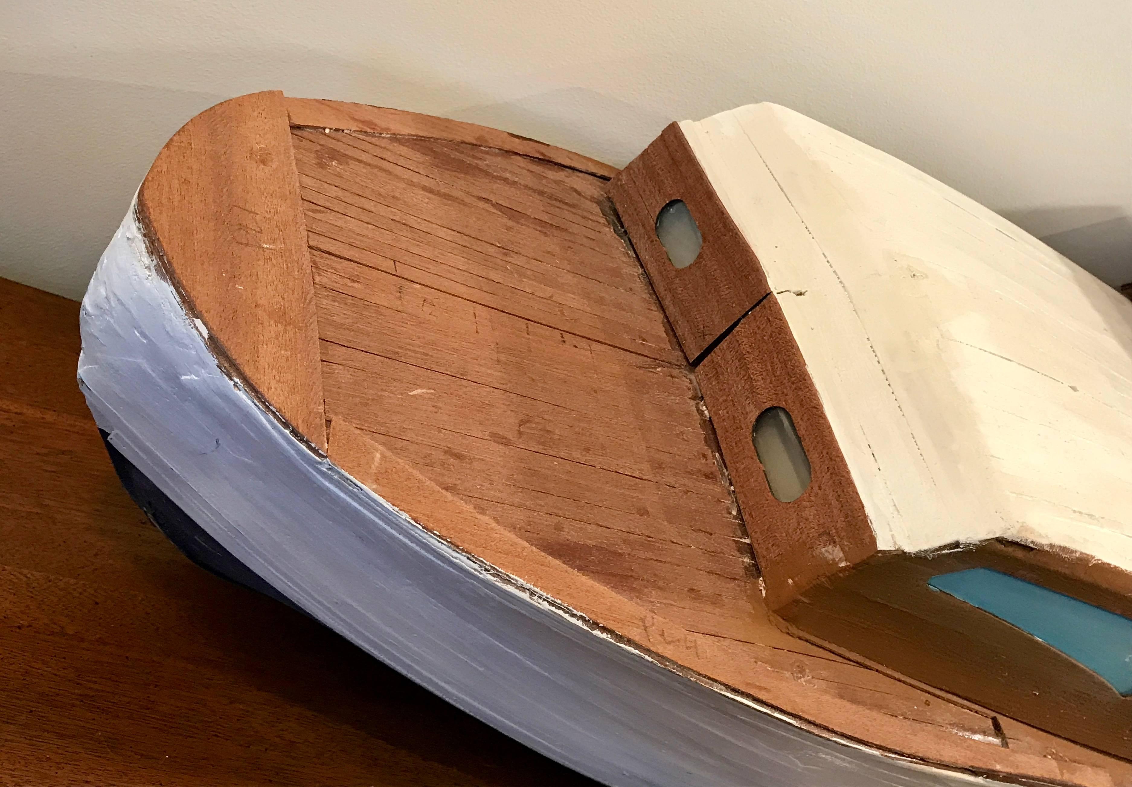 Hand-Crafted Large Scale Hand Crafted American Folk Art Cabin Cruiser Boat, Nautical, 1950's