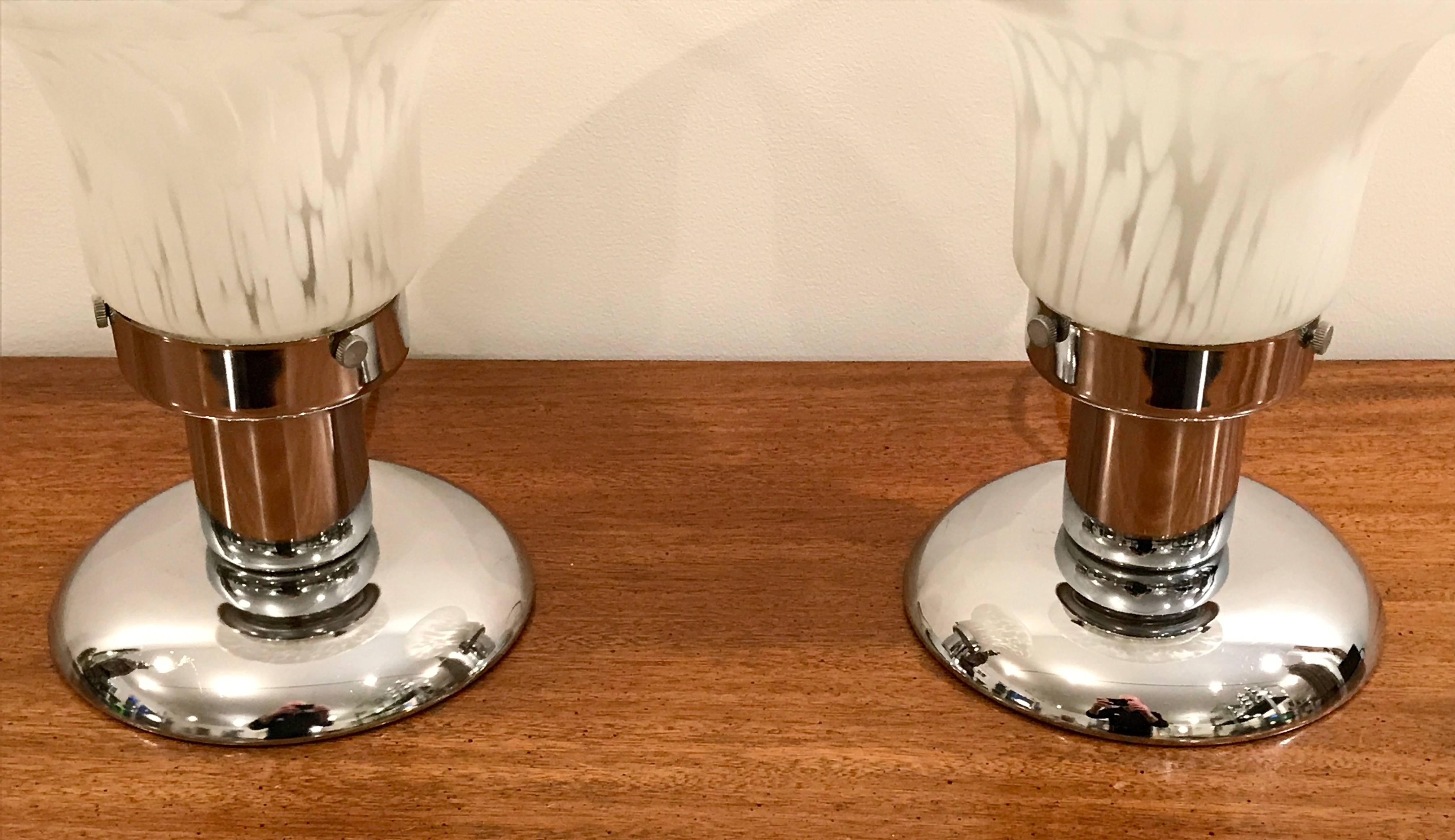 Italian Pair of Art Deco Milk White Murano Glass Table Lamps with Chrome Base, Italy