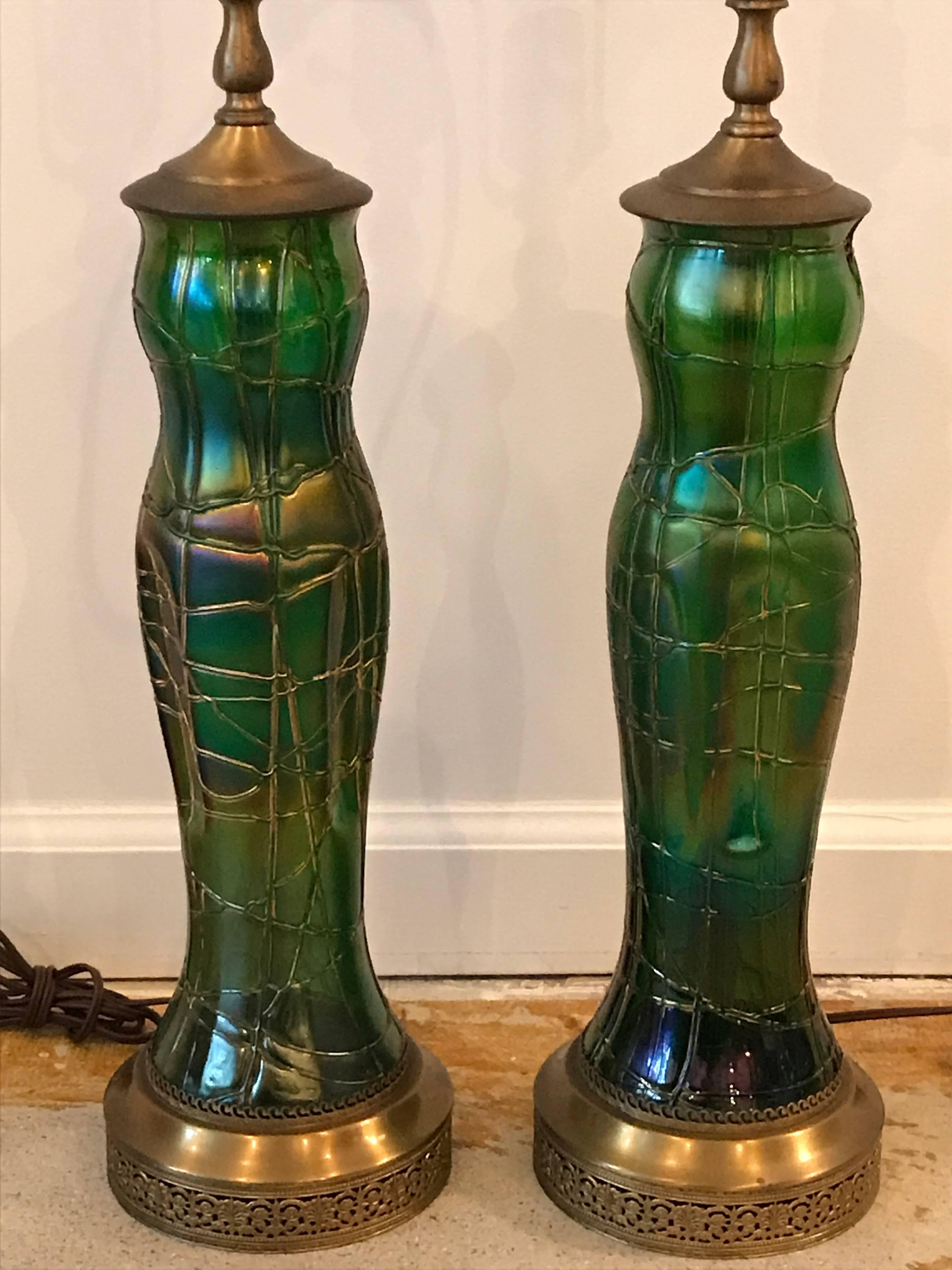 Beautiful pair of Art Nouveau veined iridescent green art glass table lamps by Wilhelm Kralik. Produced in Bohemia which is now the Czech Republic. Shades not included, rewiring recommended.

The Kralik glassworks, full name Wilhelm Kralik Sohne,