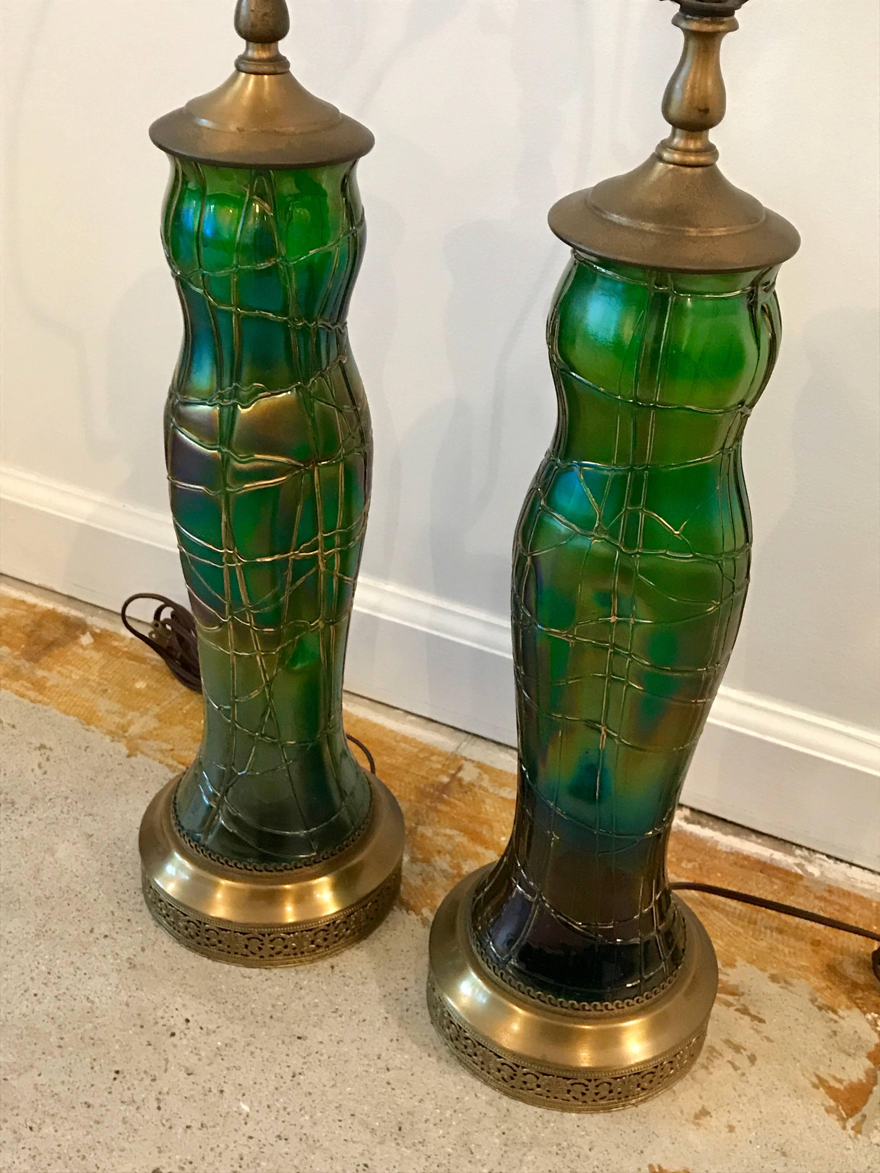 Czech Pair of Iridescent Green Art Glass Table Lamps by Wilhelm Kralik, Art Nouveau