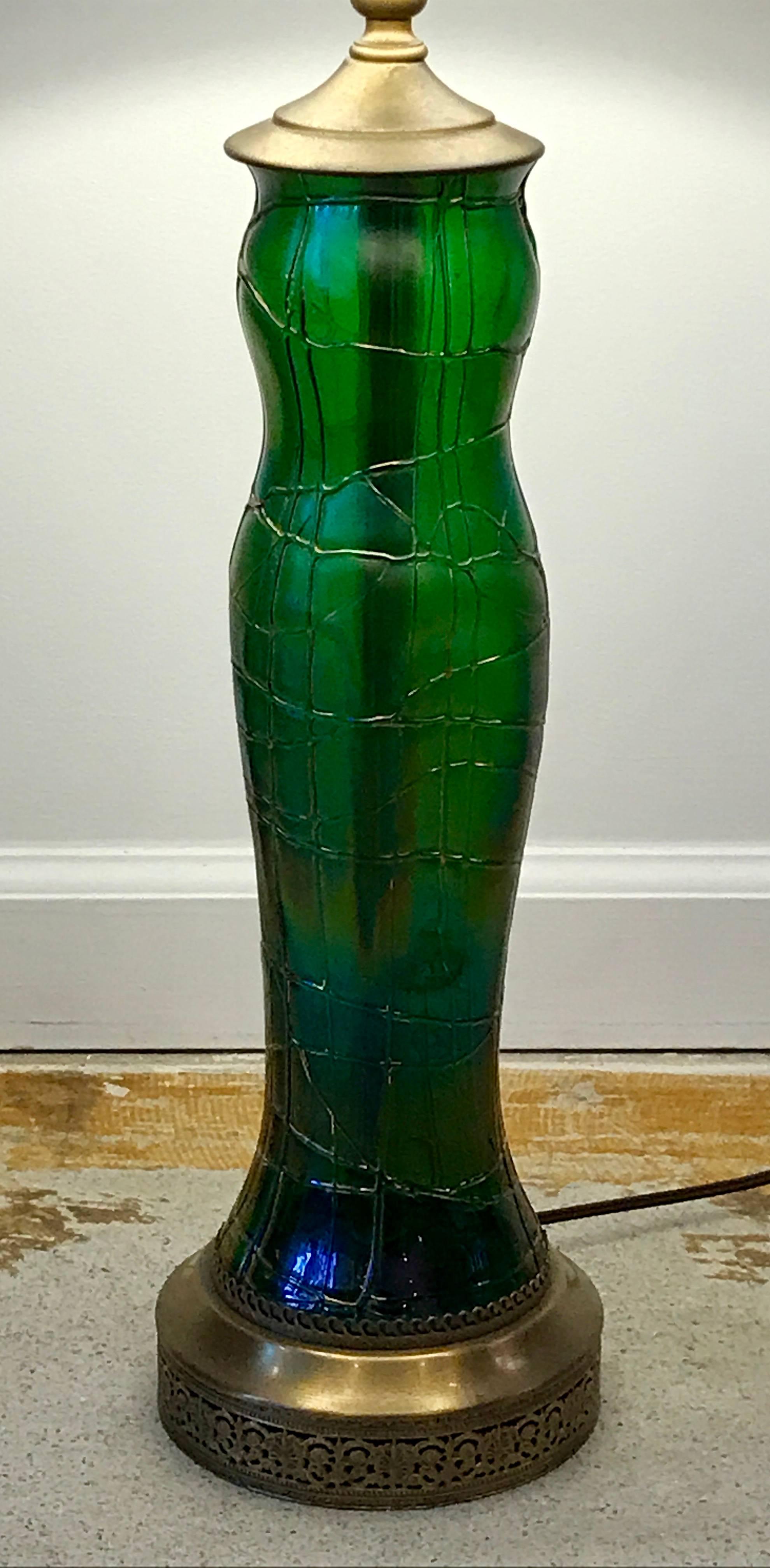 20th Century Pair of Iridescent Green Art Glass Table Lamps by Wilhelm Kralik, Art Nouveau