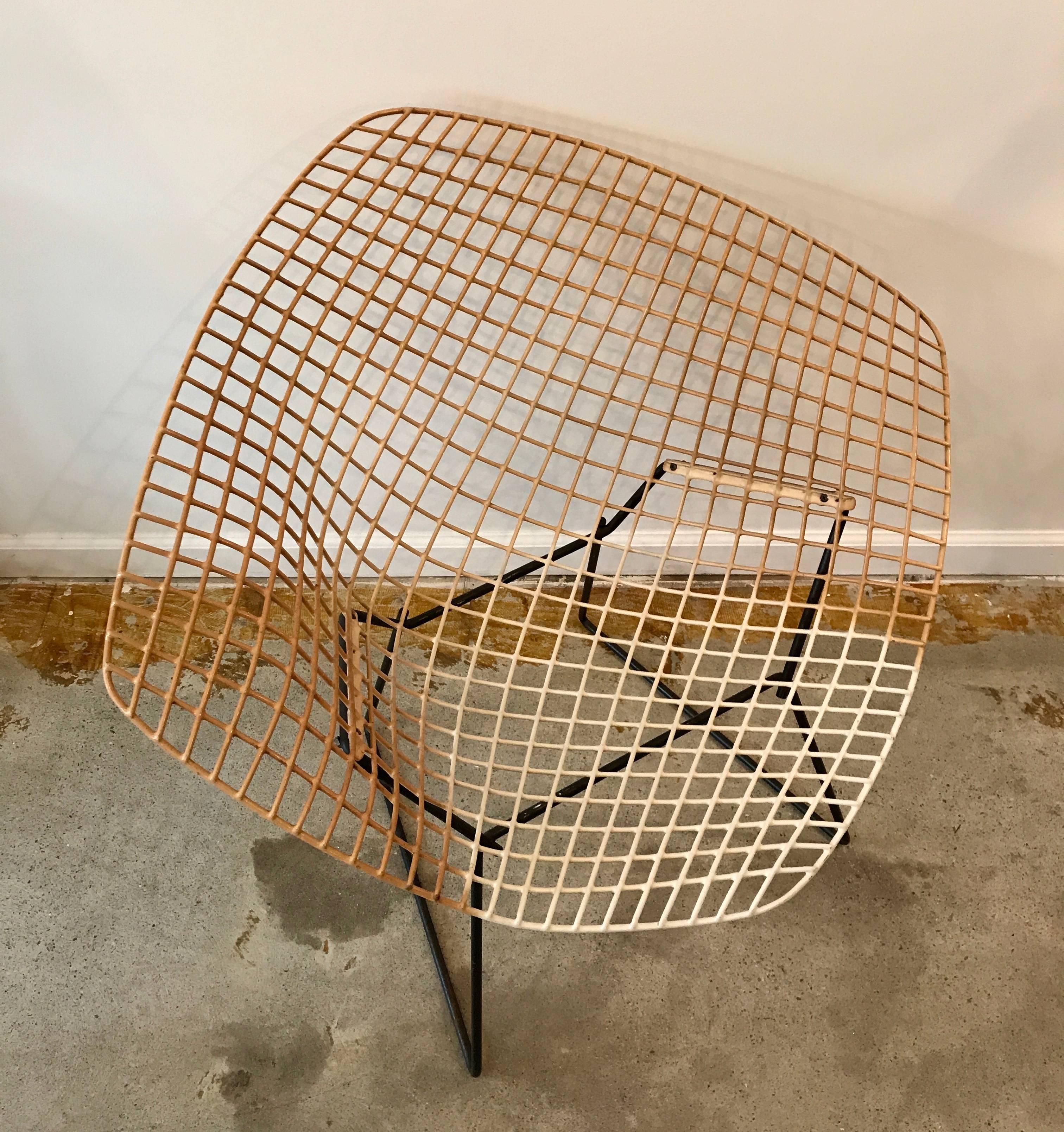 Original diamond chair by Harry Bertoia for Knoll International. Coated metal diamond shell with black metal frame. The coating was originally white but has faded and darkened over the years with the exception of where the seat cushion was