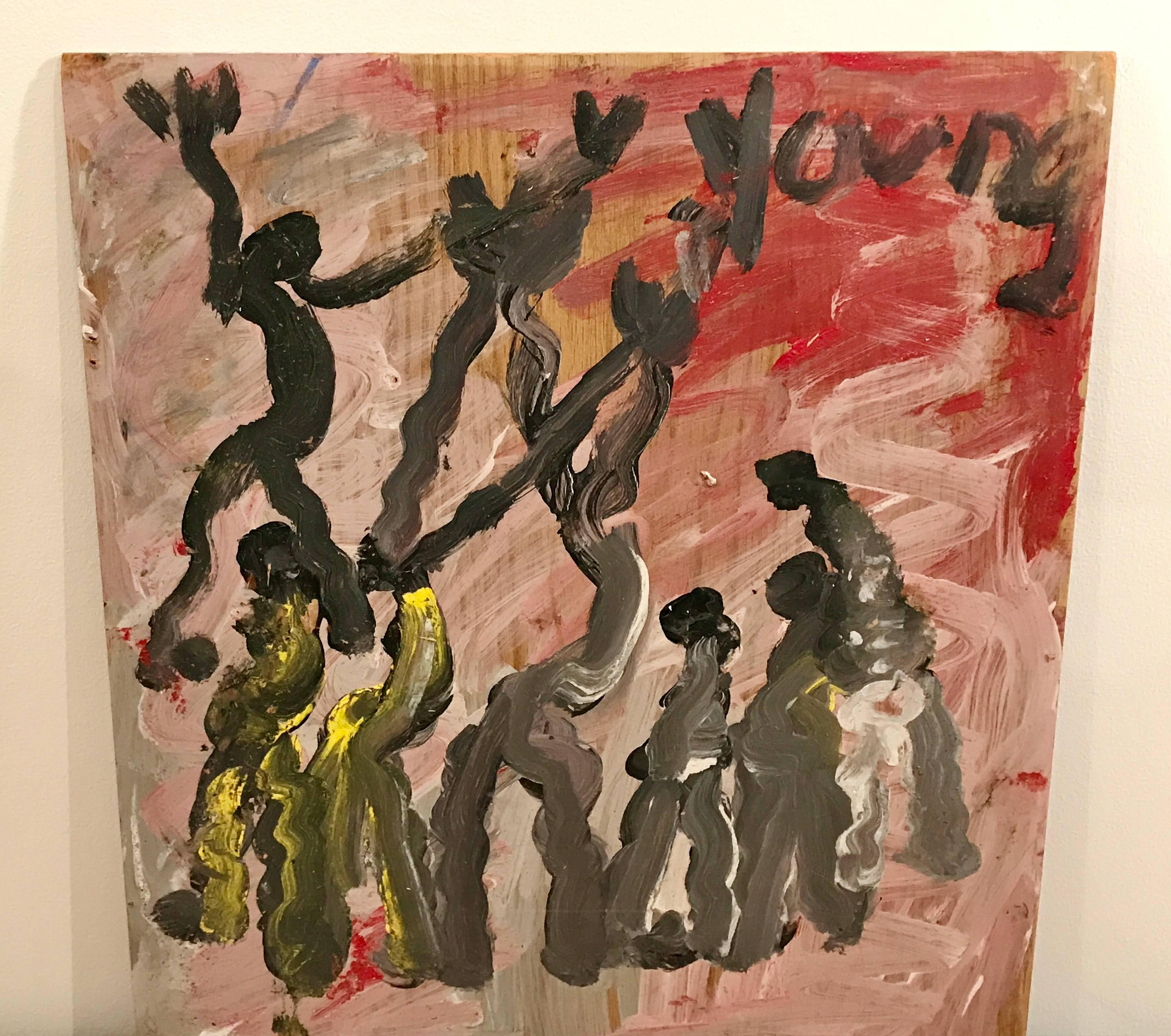 Abstract painting depicting modern dancers by American artist Purvis Young, acrylic on found particle board.