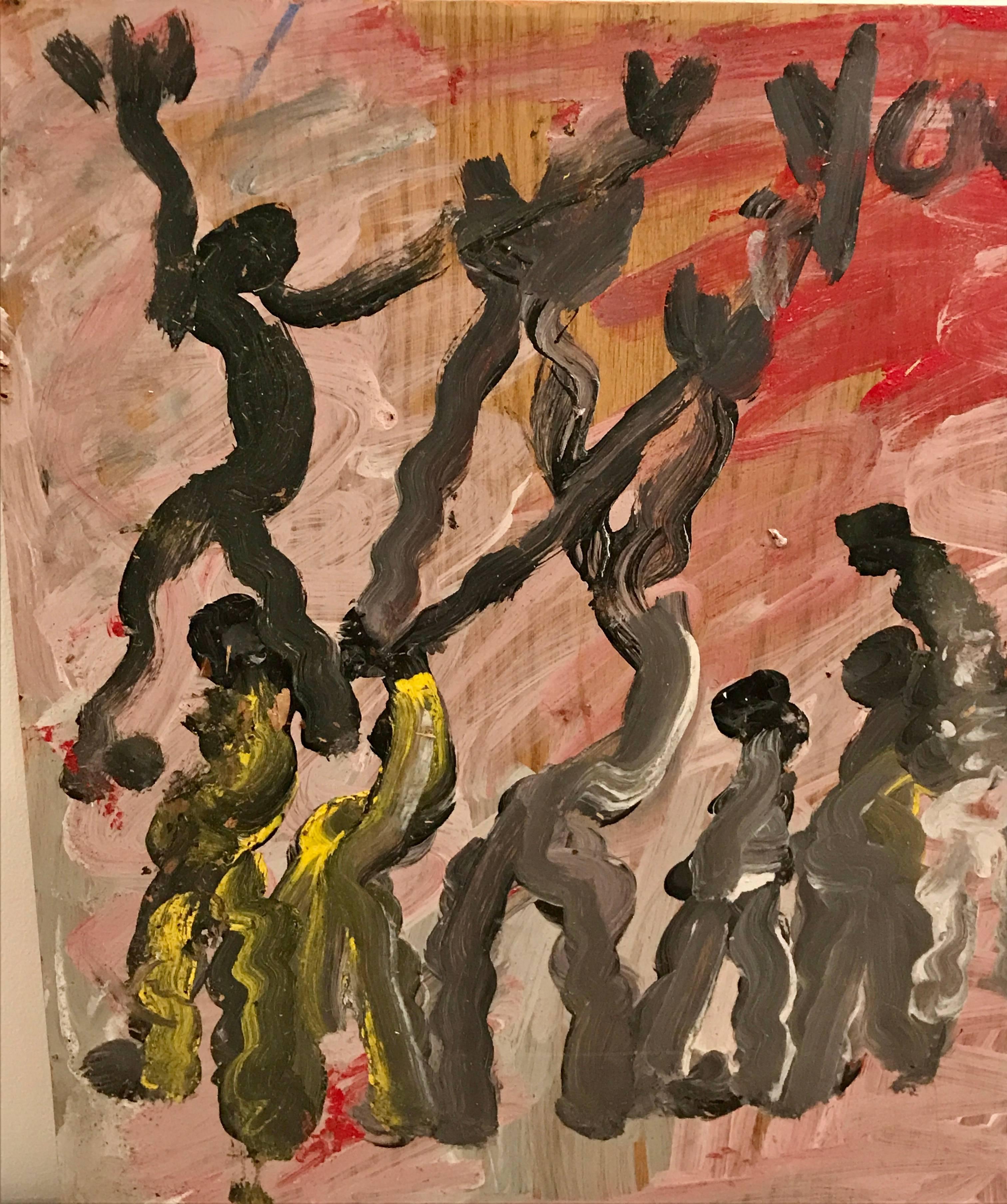 Purvis Young Modernist Abstract Painting of Modern Dancers on Board In Good Condition In Bedford Hills, NY