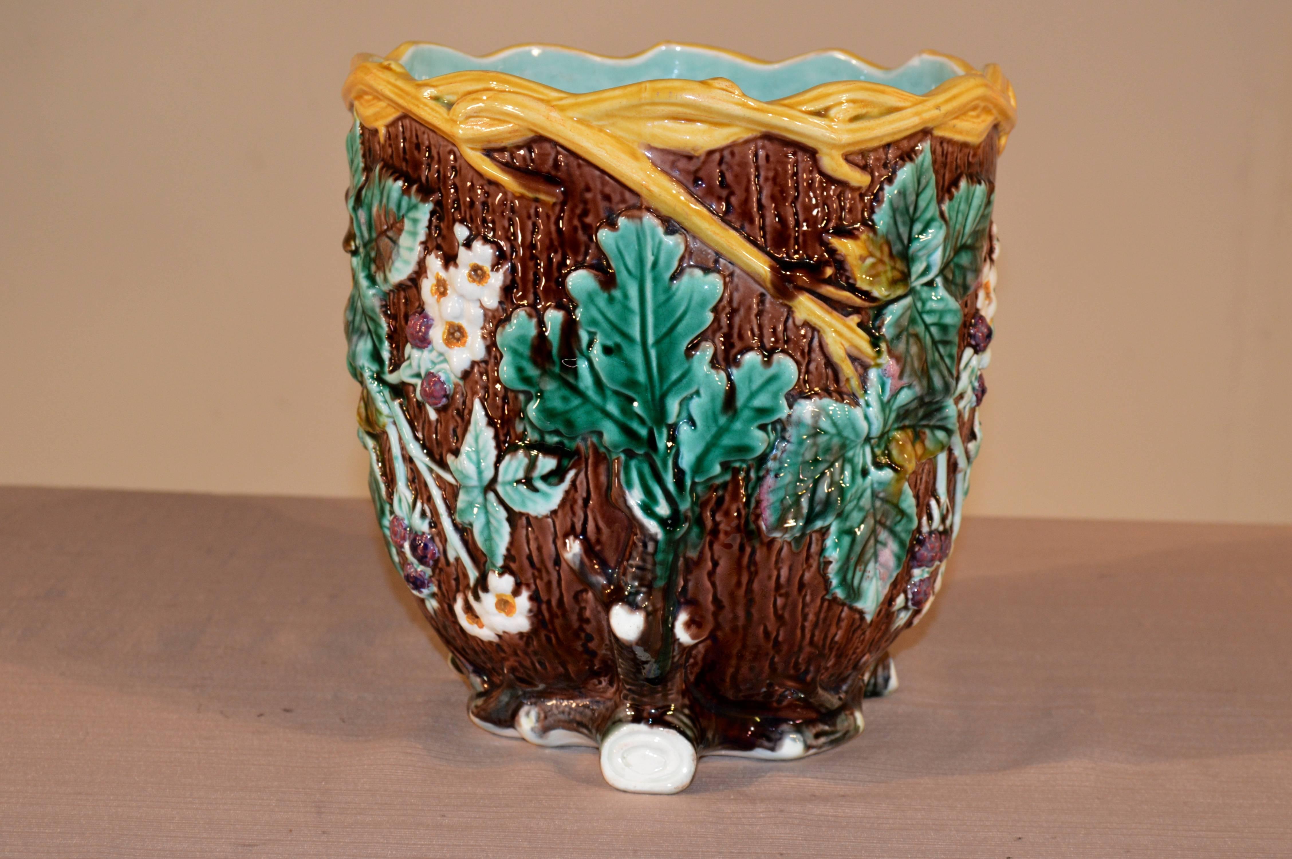 19th century signed Wedgwood majolica jardiniere with a faux bois pattern on the sides and a moulded top rim which looks like twigs. The planter itself is decorated with lovely leaves and flowers in gorgeous colors. There is old chip repair to one