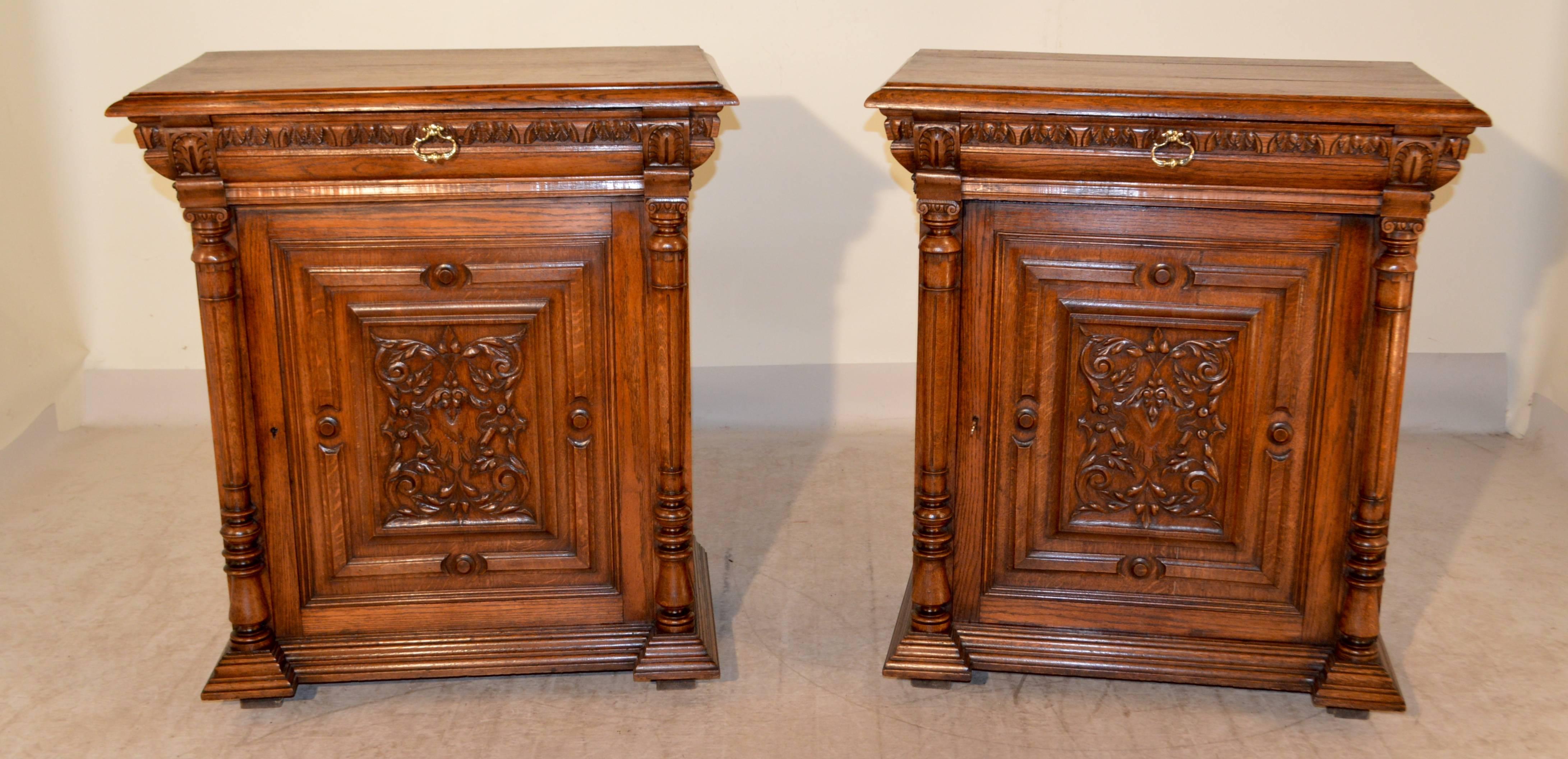Carved 19th Century Pair of French Oak Cupboards