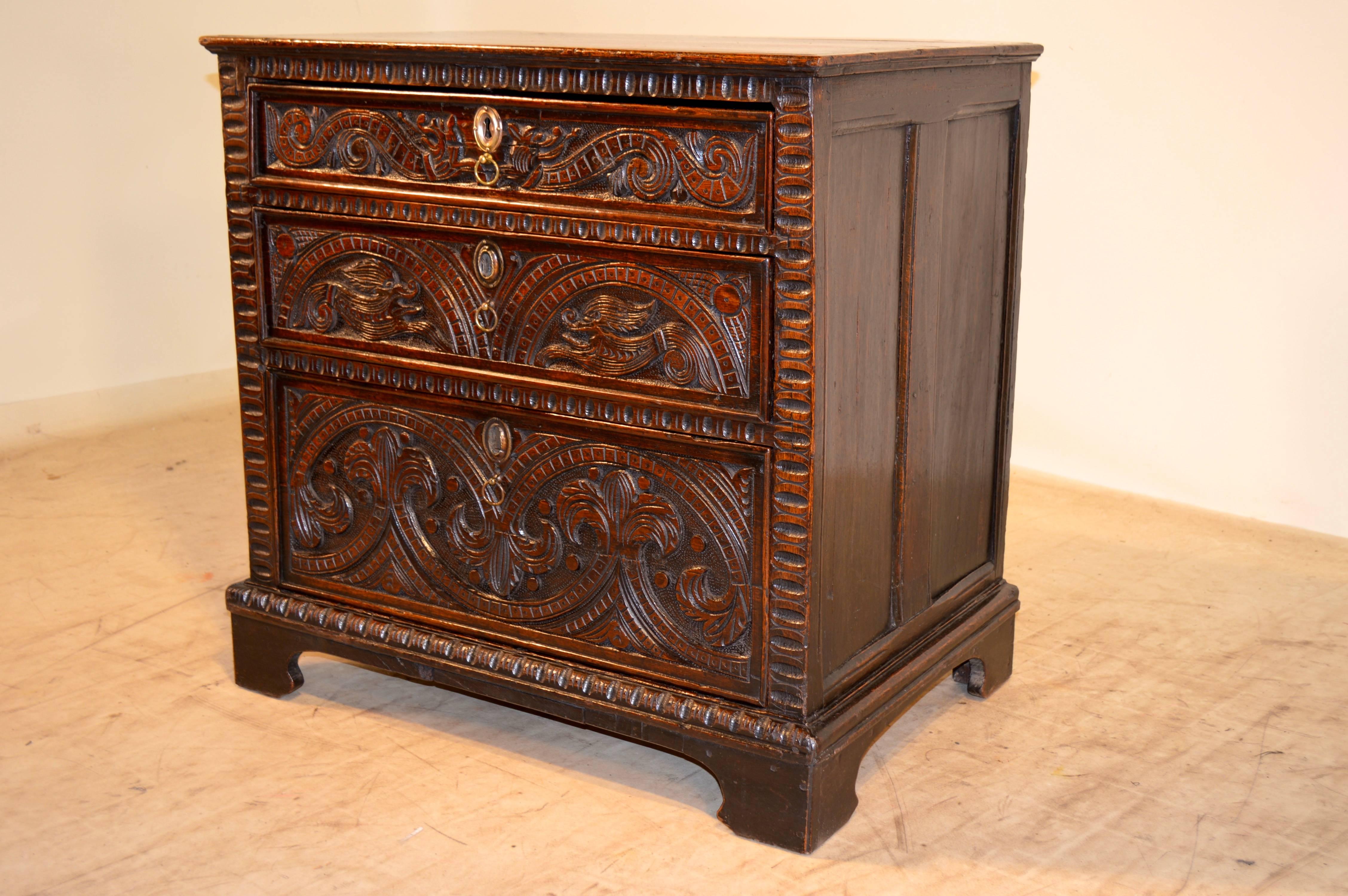 William and Mary 17th Century English Oak Carved Small Chest