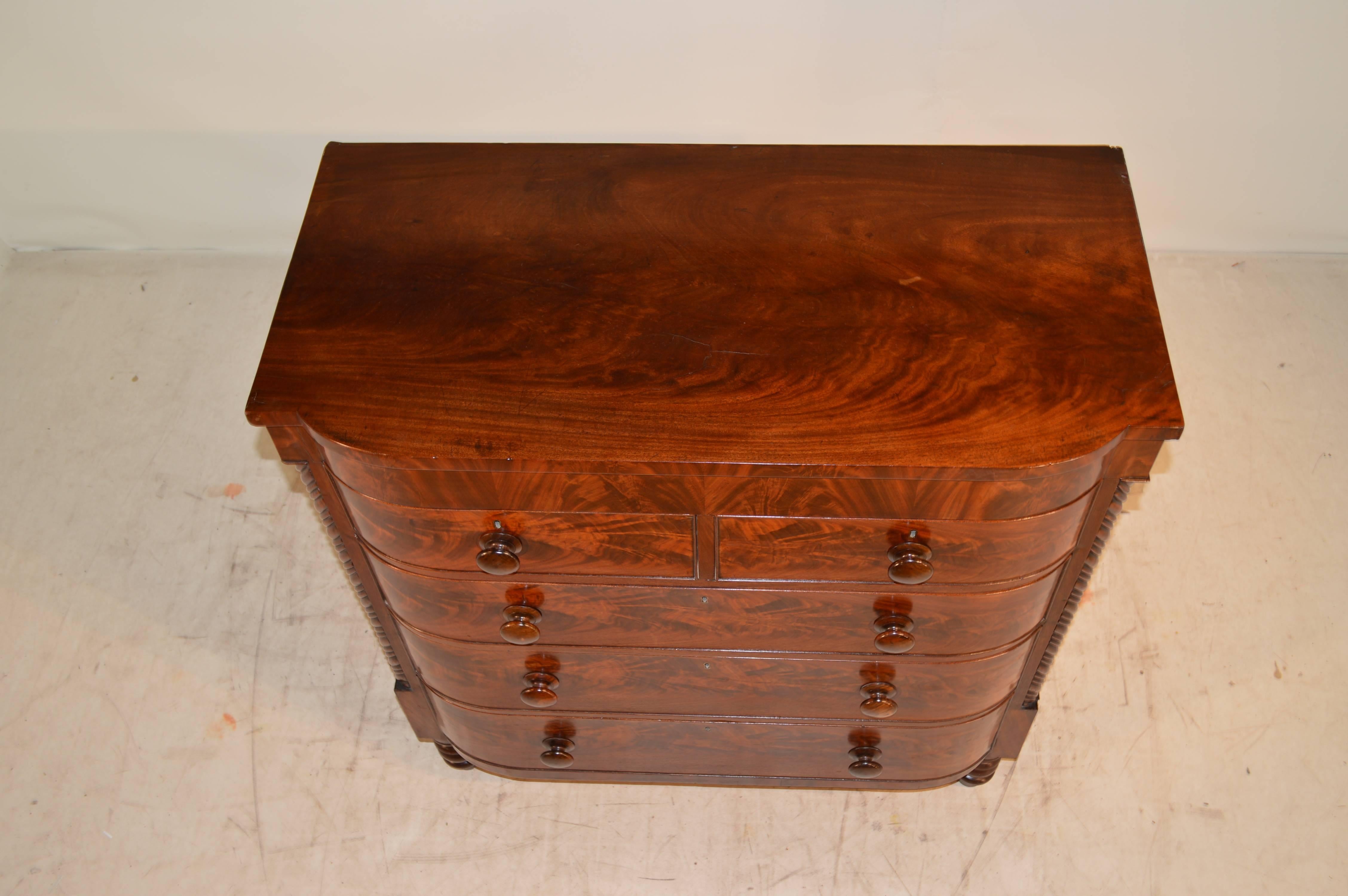 English 19th Century Flame Mahogany Bow Front Chest